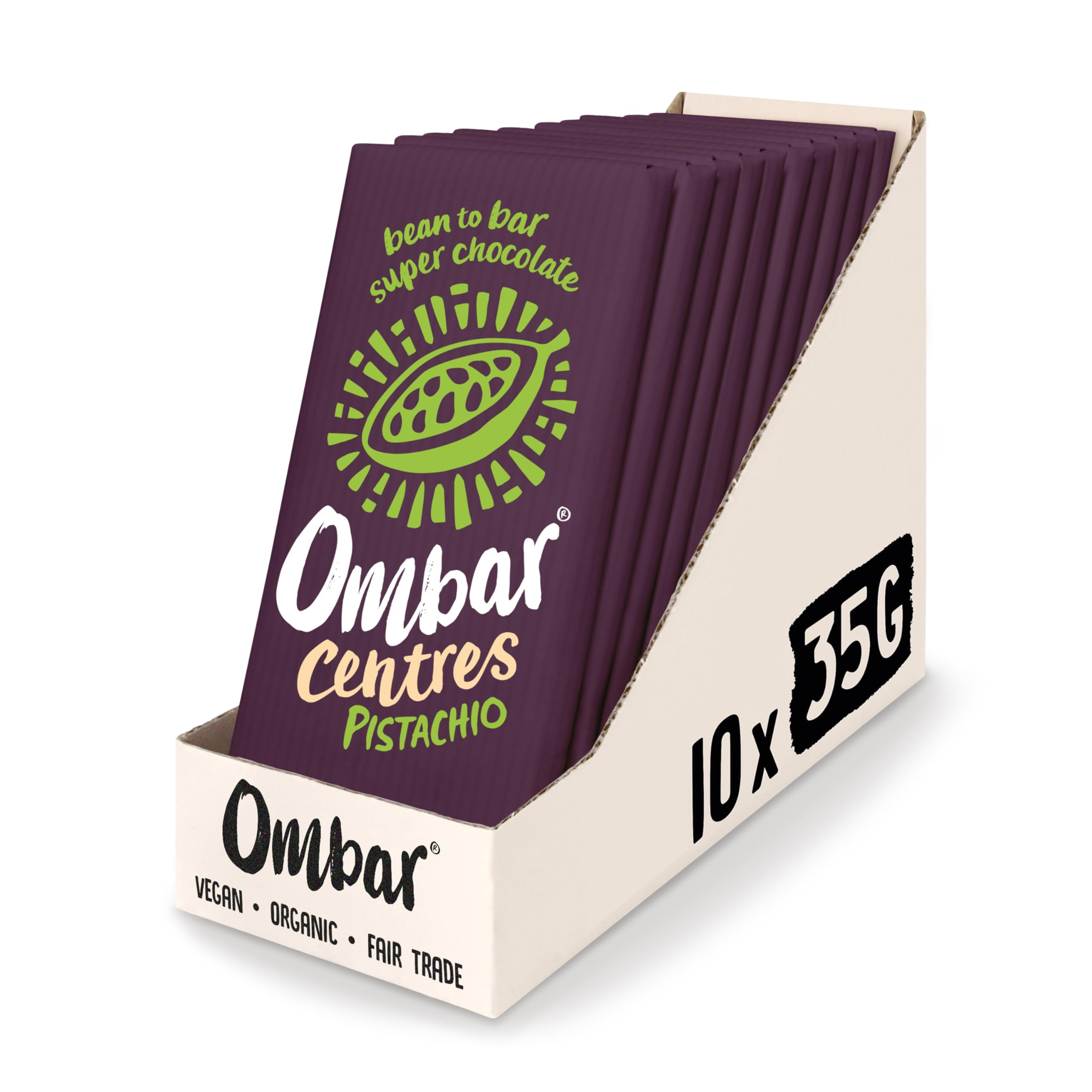 Vegan Chocolate Bar - Ombar Centres Pistachio - Organic Fair Trade Chocolate - Dairy and Gluten Free - Raw Cacao - 35g - Pack of 10
