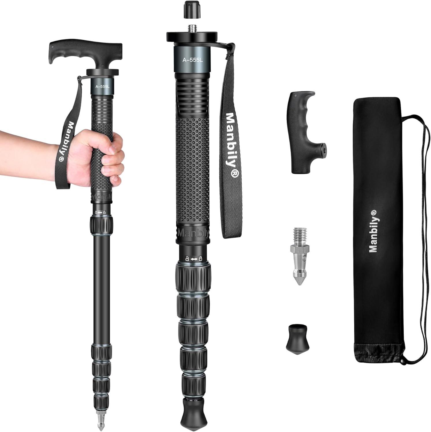Manbily Monopods for Cameras 15.75'' - 61'' Camera Monopod Walking Stick with Handle Portable Compact Travel Monopod Aluminum Selfie Stick 6 Sections 7KG for DSLR Video Camcorder Stand (A-555L Grey)
