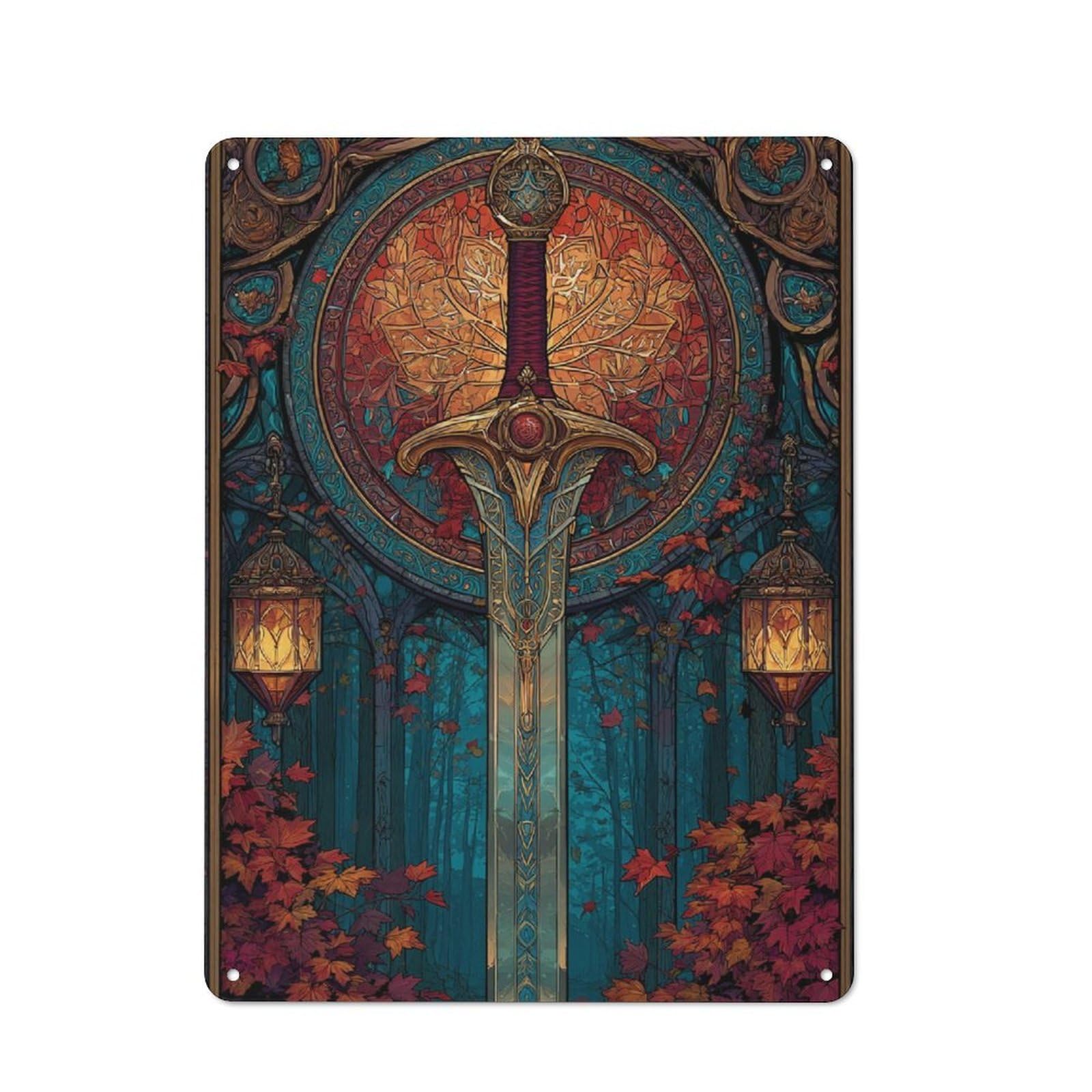 Junmoney Enchanted Blade In Autumn Forest Rustic Metal Wall Sign 40X30cm For Home Office Or Studio, For Garage, Workshop And Man Cave Decoration