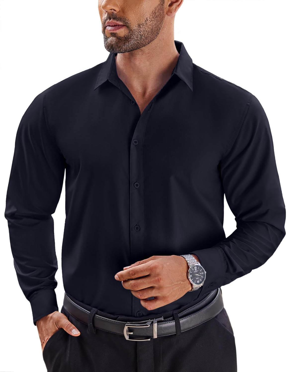 COOFANDY Men's Dress Shirts Long Sleeve Button Up Shirts Formal Business Shirt Navy Blue Large