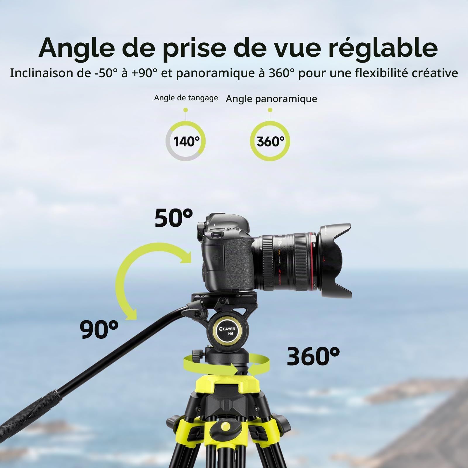 Cayer BV01 Trépied Video Compact avec Tête Fluide - 65" (165 cm) Léger en Aluminium pour Voyage, Tête 360°, Plaque Rapide et Charge Maxi 13.2 LB pour Reflex, Caméscope, Caméra
