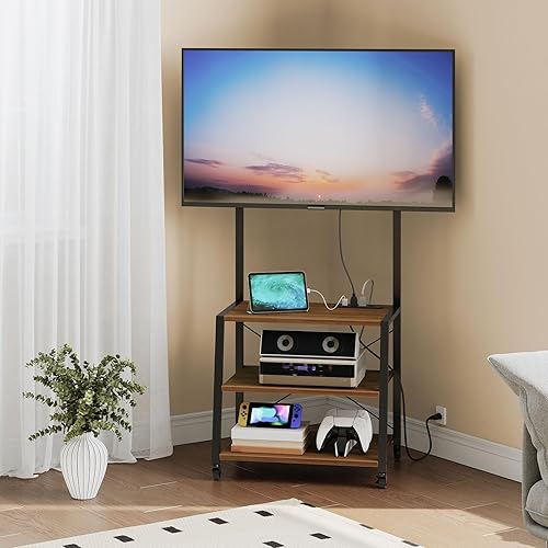 Miniatura 11 de HOOBRO - Soporte de TV móvil con soporte y toma de corriente hasta 55 pulgadas, centro de entretenimiento de esquina, soporte de TV pequeño con 3