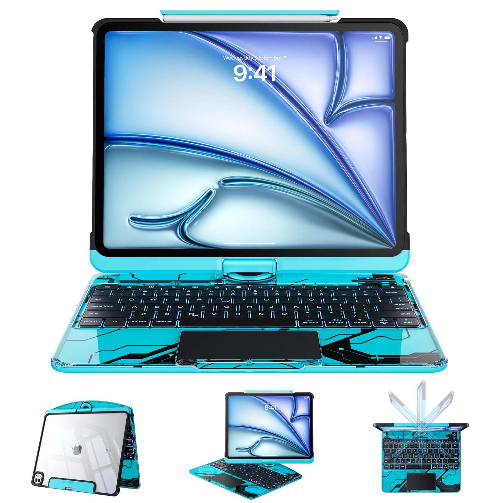 Clear Case with Keyboard for Air 11" (M4/M3/M2) &amp; Air 10.9" (4-5th Gen) &amp; iPad Pro 11" (1/2/3/4th)，360°+180° Rotate iPad Keyboard, LCD Display, Pencil Holder, 7-Color Backlit, Trackpad, Blue