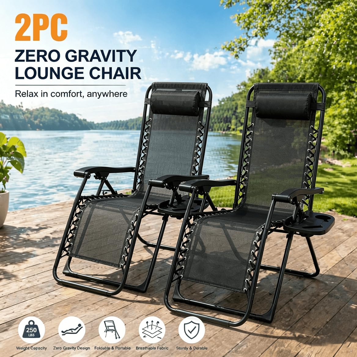 Pack 2 Tumbonas Jardin Exterior - Tumbona Plegable con Portavasos y Reposacabezas, Reclinable Sillas Jardin Exterior para Jardin, Playa, Piscina y Terraza, Negro