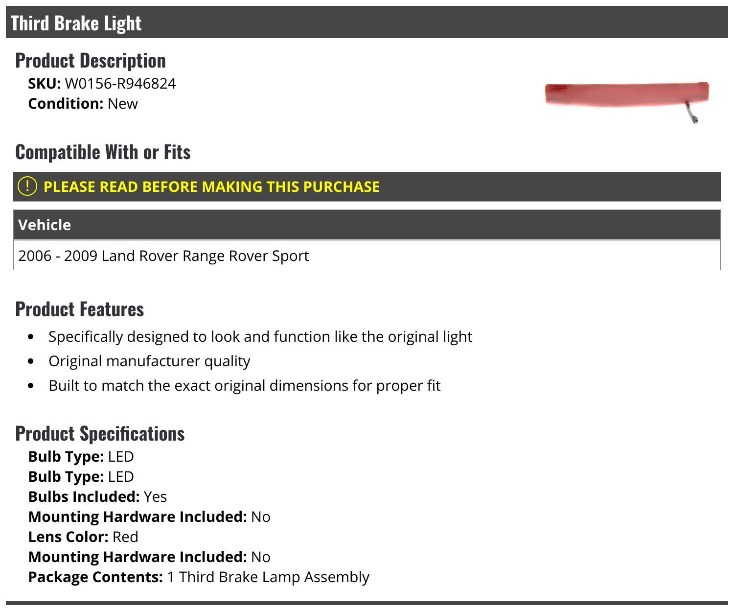 Marketplace Auto Parts, 3rd Third Brake Light Lens - Compatible with 2006-2009 Land Rover Range Rover Sport