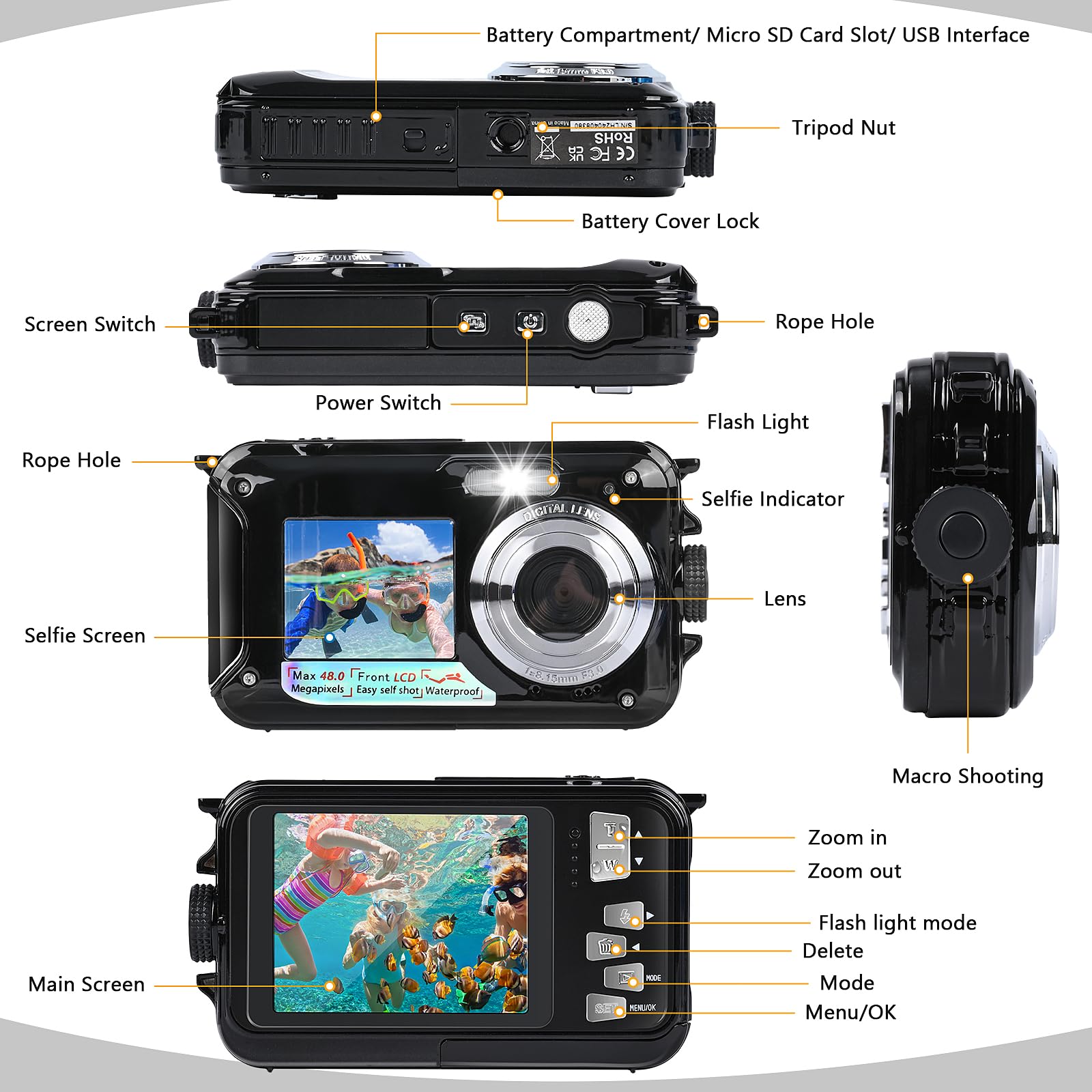 Camara Acuatica, Comius Sharp Camara Acuatica Sumergible Niños 10FT 30MP Foto FHD Video 16X Digital Zoom con Tarjeta Memoria 32 G y Selfie Doble Pantalla para Selfie Bajo el Agua, Buceo, Natación