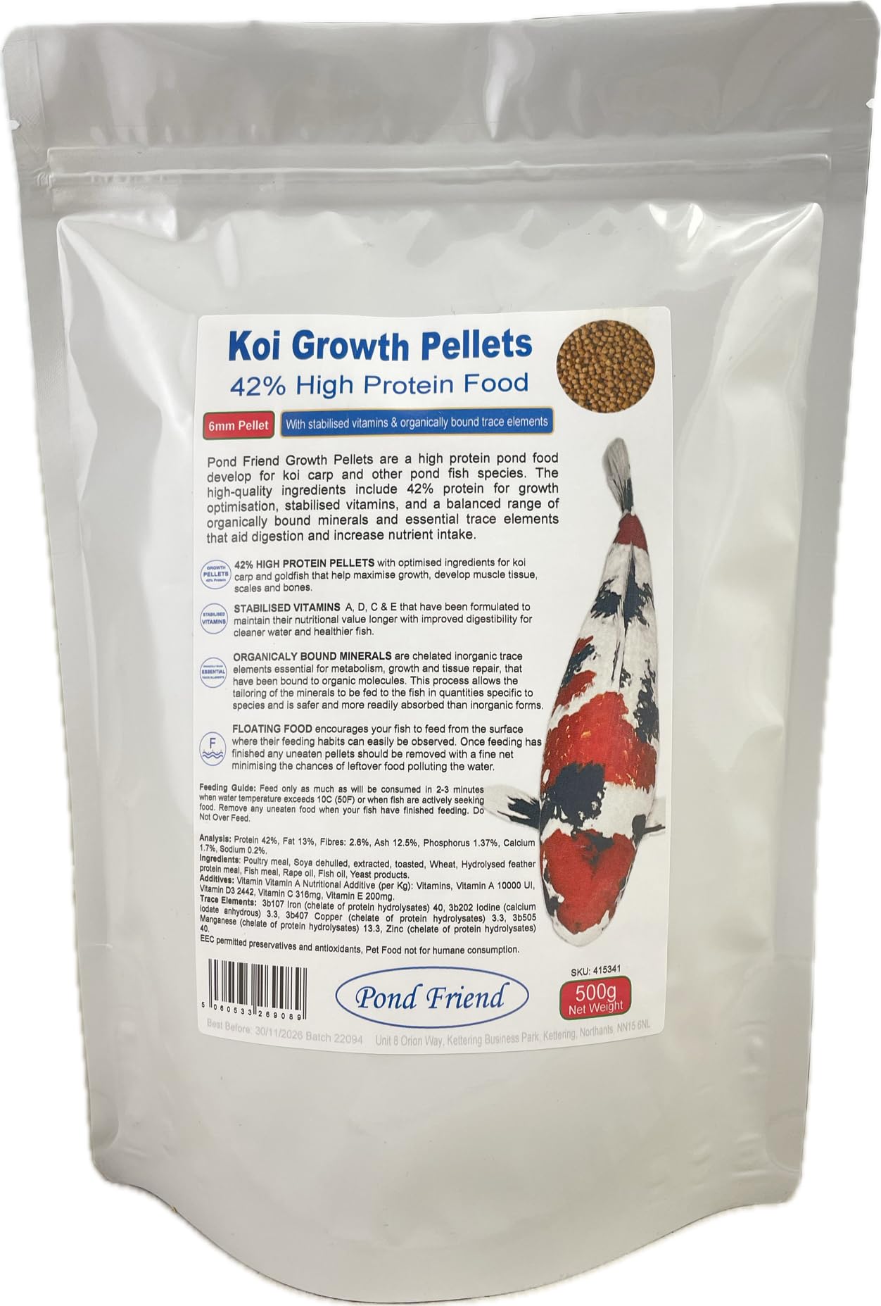 Pond Friend Koi Growth Pellets Floating Fish Food 500g 6mm Carp & Goldfish High Protien Diet For Fast Growth