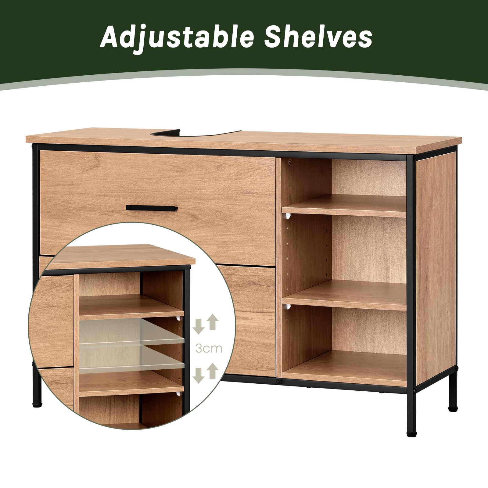 EUGAD Waschbeckenunterschrank, Badezimmerschrank mit Schubladen 3 offenen Fächern, Unterschrank mit verstellbaren Ablagen, freistehender Waschtischunterschrank, 90x60x30 cm