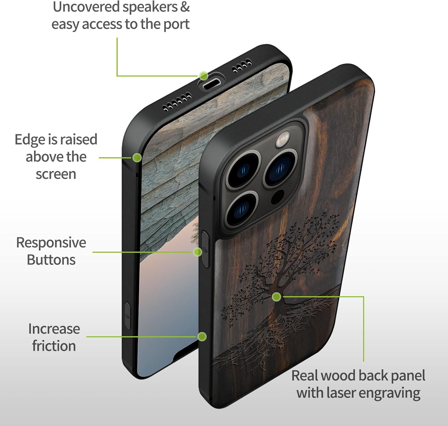 Carveit Magnetic Wood Case for iPhone 13 Pro - Hard Real Wood & Black Soft TPU - Shockproof Protective Cover - Unique & Classy Wooden Case - Compatible with MagSafe (Tree with Roots - Blackwood)