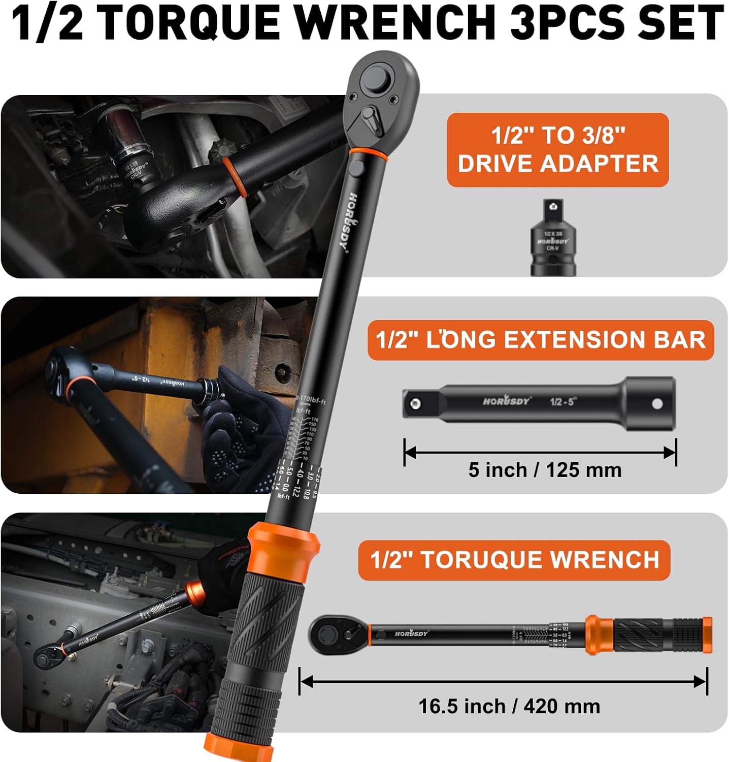 HORUSDY 1/2-Inch Drive Click Torque Wrench Set and 1/2-Inch Drive Click Torque Wrench Set