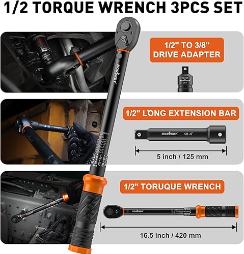 Miniatura 3 de HORUSDY Juego de llaves dinamométricas de clic de accionamiento de 1/2 pulgada – 10-170 ft-lb / 13.6–230.5 Nm, ±3% de precisión, escala doble