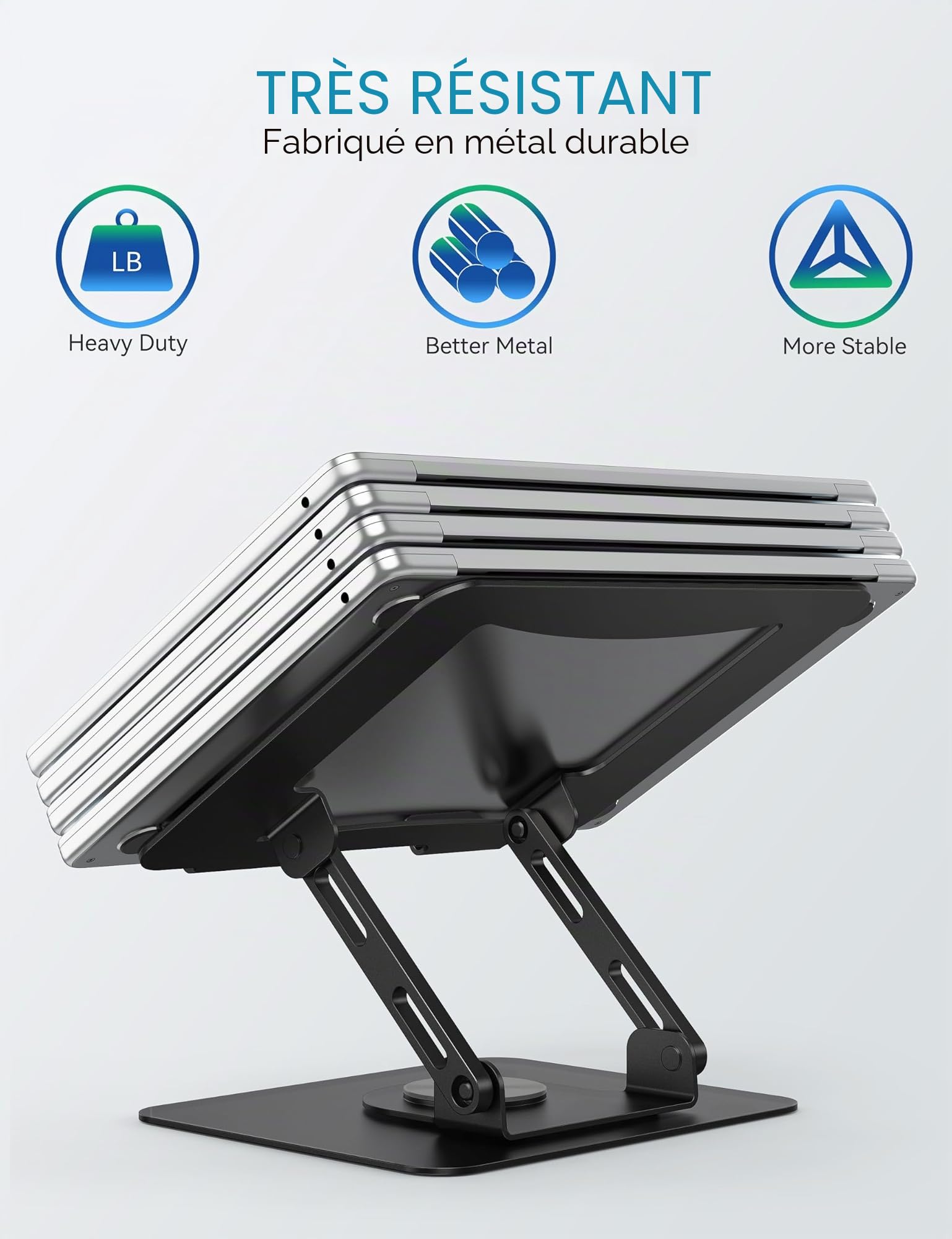 SOUNDANCE Support pour Ordinateur Portable avec Base rotative à 360°, rehausseur Ergonomique pour Bureau, Hauteur réglable Multi-Angle, Support Pliable, Support en métal Stable de 10 à 15,6", Noir