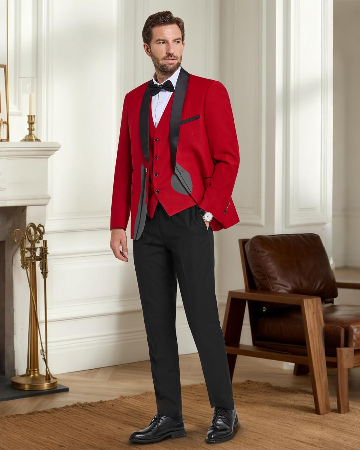 MrSure Men’s 3 Piece Slim Fit Suit, One Button Shawl Lapel Tuxedo, Premium Dinner Jacket Vest Pants & Tie Set - Image 3