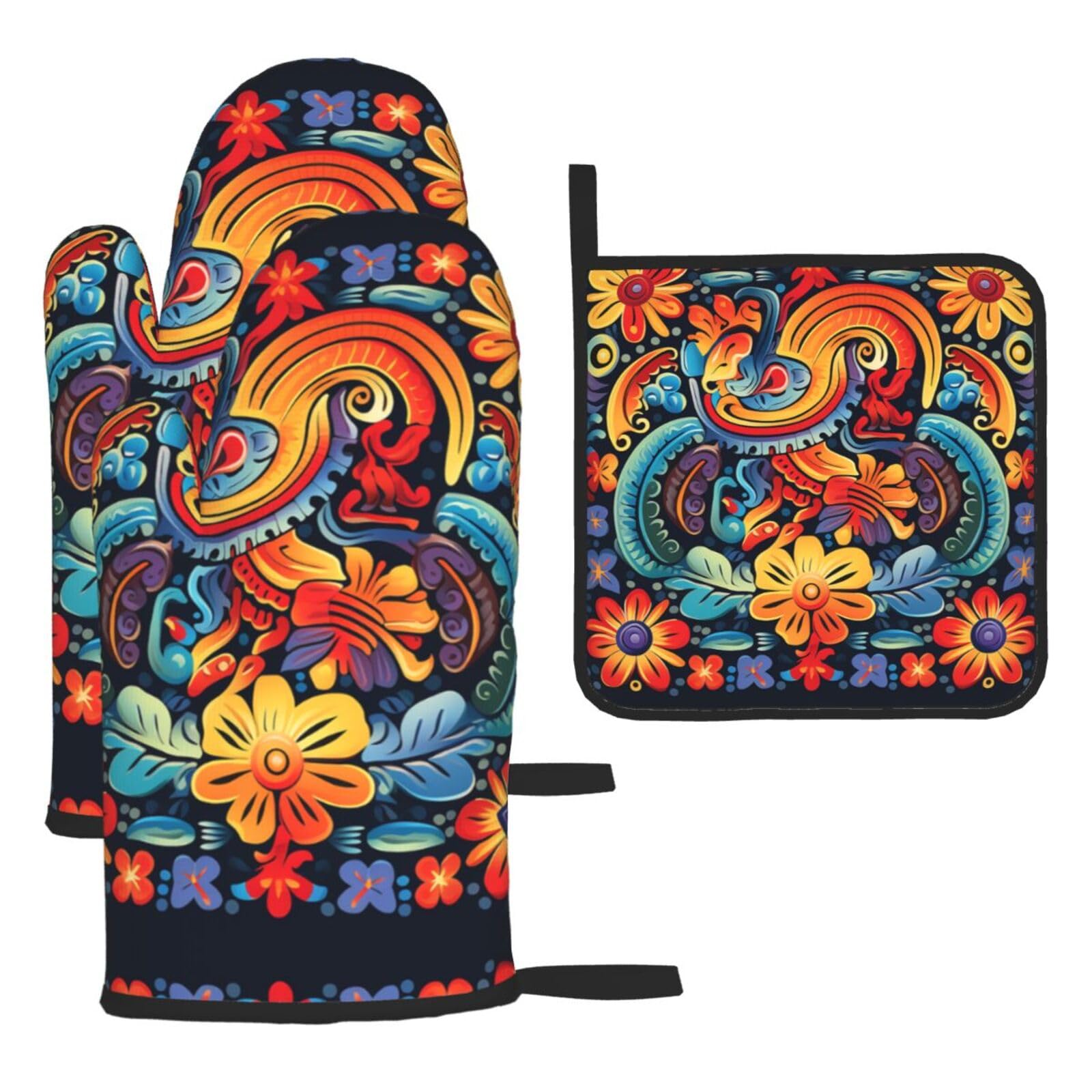 Oven Mitts and Pot Holders Set of 3 Heat Resistant Non-Slip Kitchen Gloves Hot Pads Mexican Mittens Non-Slip Potholders for Cooking Baking Grilling BBQ