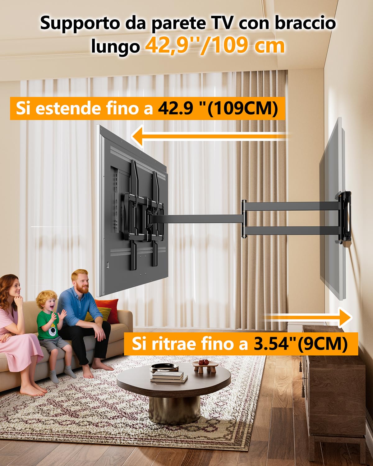 Supporto TV Parete Braccio Lungo da 1090mm per Schermi LCD/LED/OLED da 42-110 Pollici, Staffa TV Girevole Inclinabile Orientabile, Braccio TVs Max VESA 900x600mm fino a 80kg