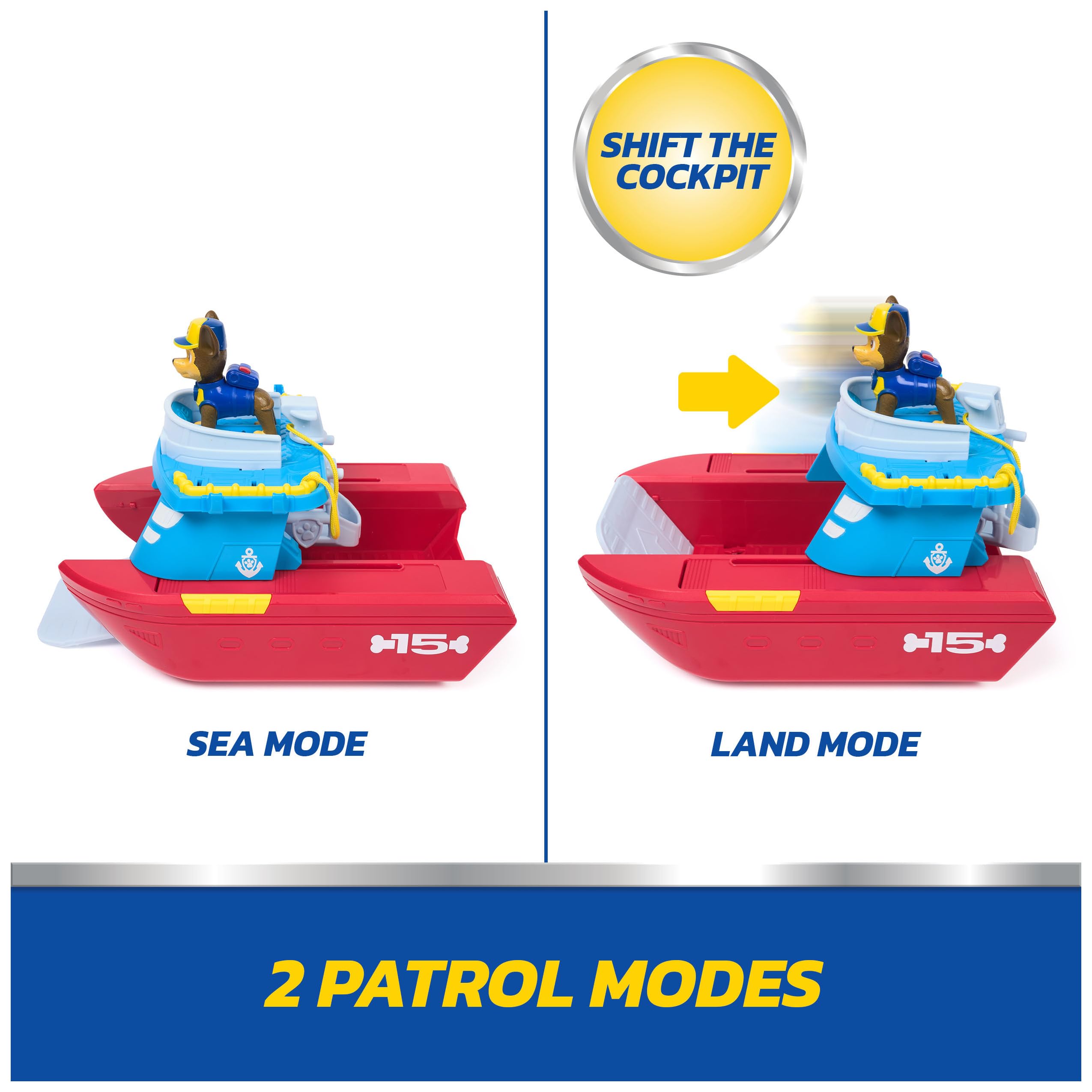 PAW PATROL – Sea Patroller Rettungsboot mit Chase Figur und Hai, ca. 23 cm, 2 Einsatzmodi Wasser & Land, für Kinder ab 3 Jahren