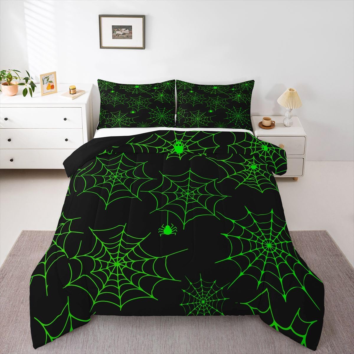 Feelyou Cartoon Cobweb Bat Comforter Set Full, Fluorescent Green Cobweb Comforter Horror Theme Comforter Set for Kids Boys Girls Spider Print Duvet Set Kawaii Room Decor Microfiber Quilt Set