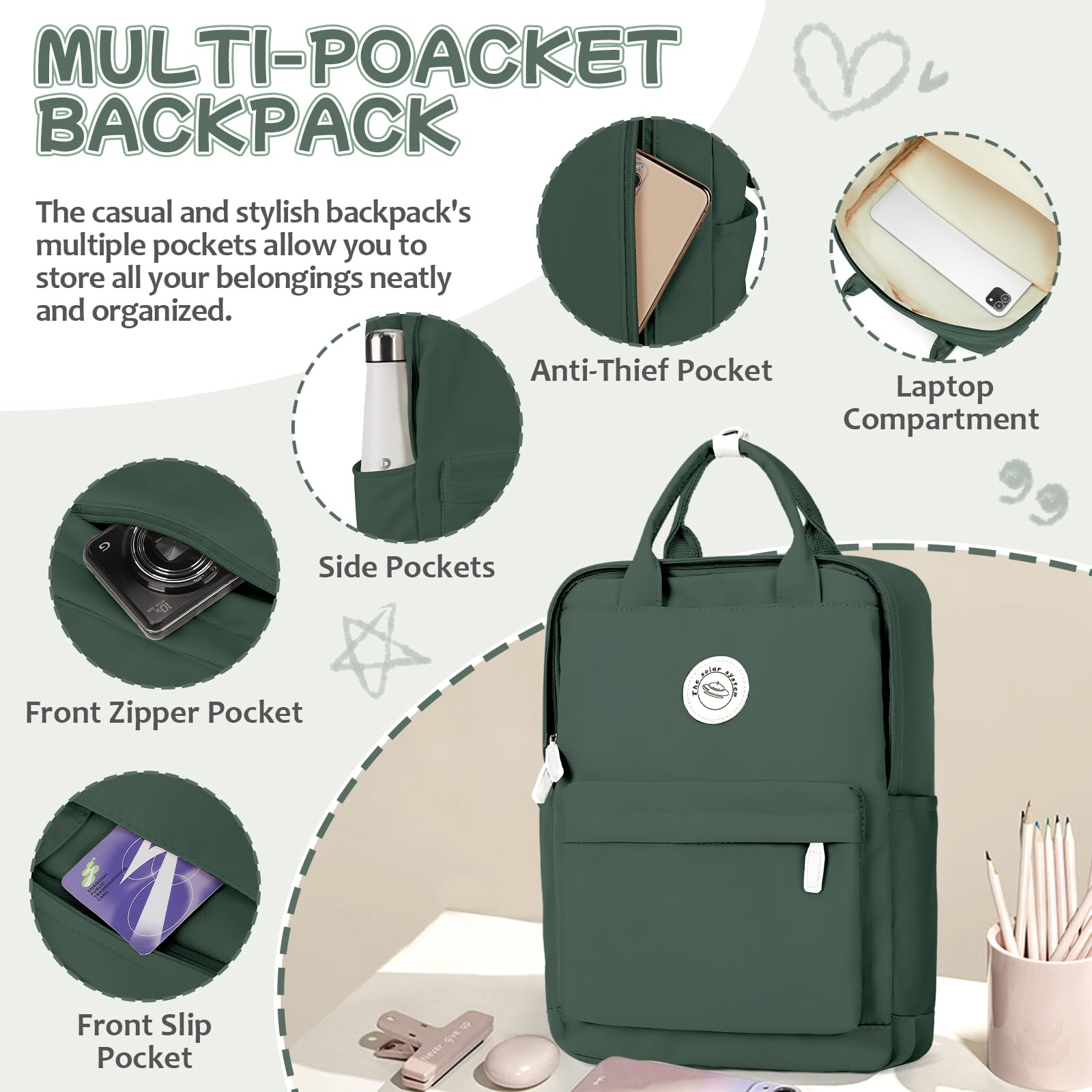 HYC00 Zaino Donna Scuola,Zaino Donna Casual Zaino Scuola Superiore Ragazza Zaino Università Zainetto Cartella, Impermeabile Zaino Porta PC 14 Pollici Zaino per Scuola Media Ragazza Ragazzi Backpack