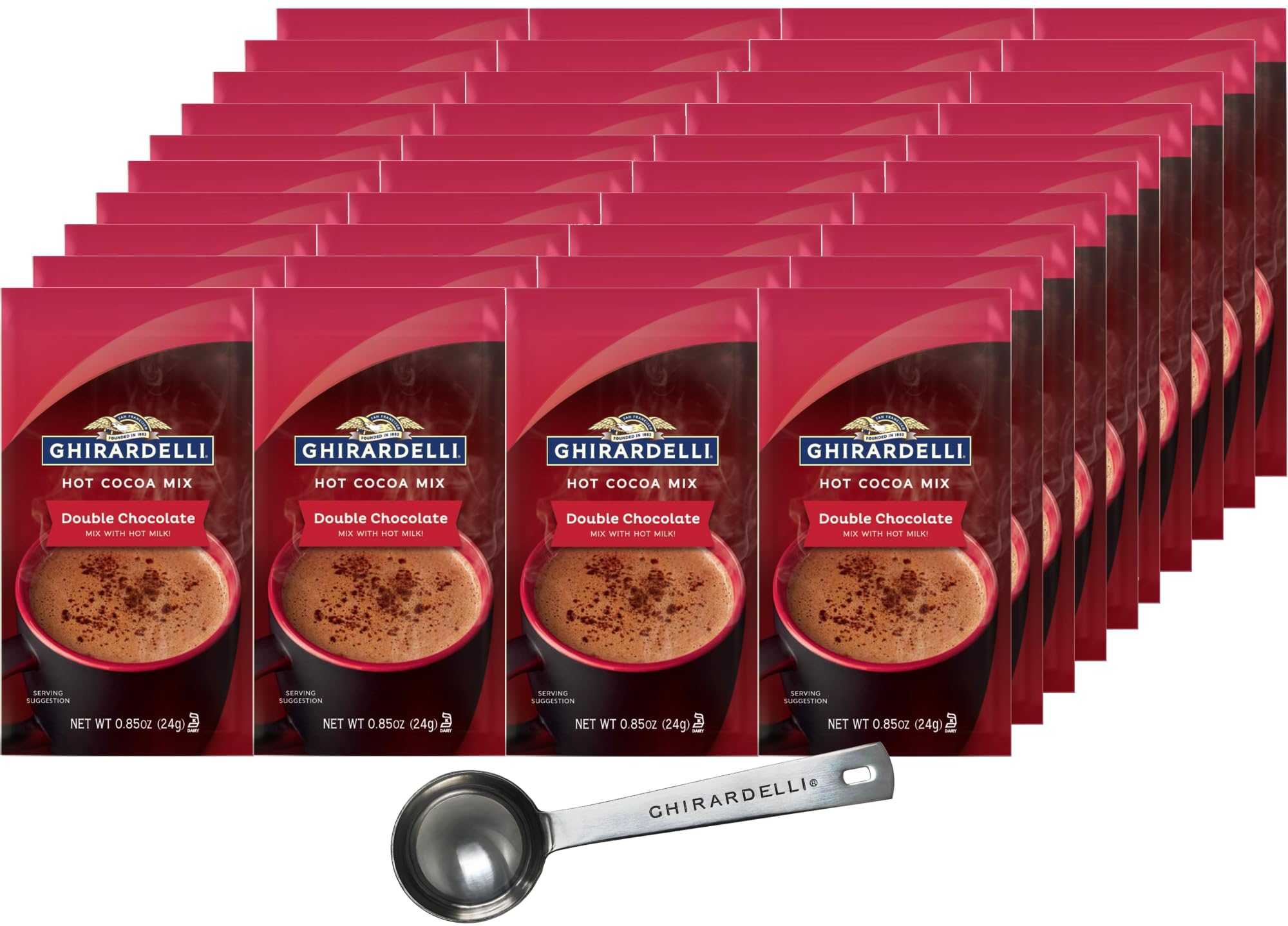 Ghirardelli Double Chocolate Hot Cocoa Mix, 3 Pound Box, (Approximately 43) 0.85 oz Packets with Cocoa Scoop