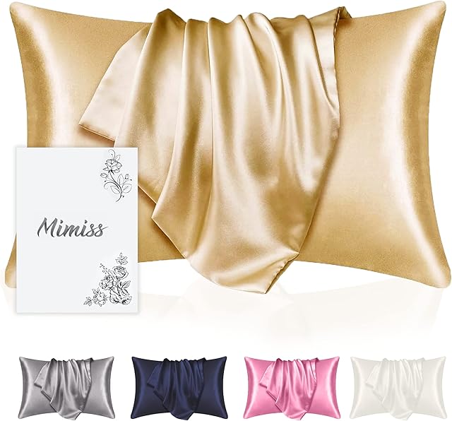 Mimiss Satin Pillow Cases 2 Pack For Hair and Skin, Prevents Frizzy Hair, Tangling & Wrinkles  Silk Soft Pillow Cases Standard Size with Envelope Closure (Standard, Beige)