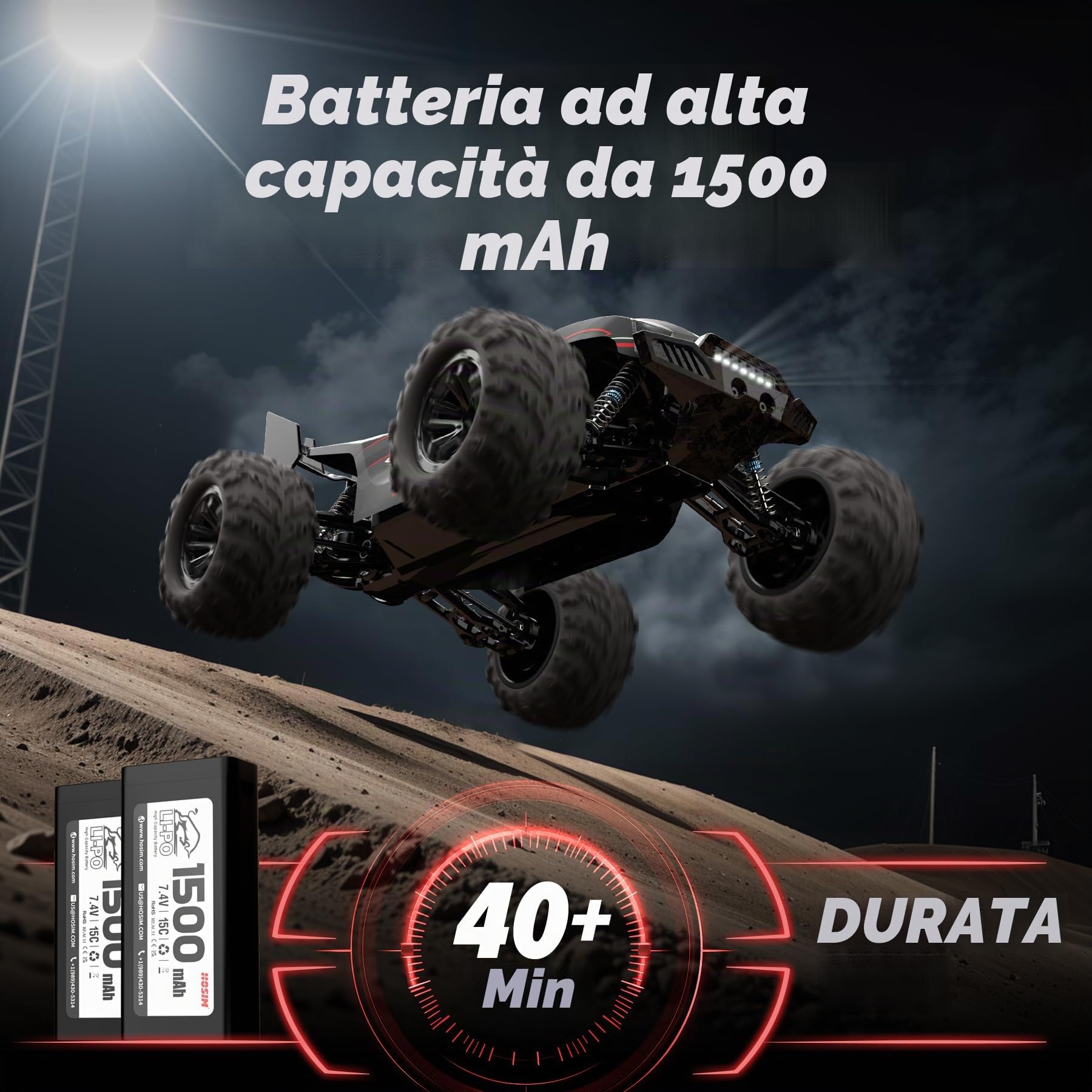 Hosim 1:10 Auto telecomandata per adulti, Buggy RC 4WD ad alta velocità 48 + KM/H con 2 batterie 7,4 V 1500 mAh, auto elettrica RC grande camion RC fuoristrada 2,4 GHz impermeabile