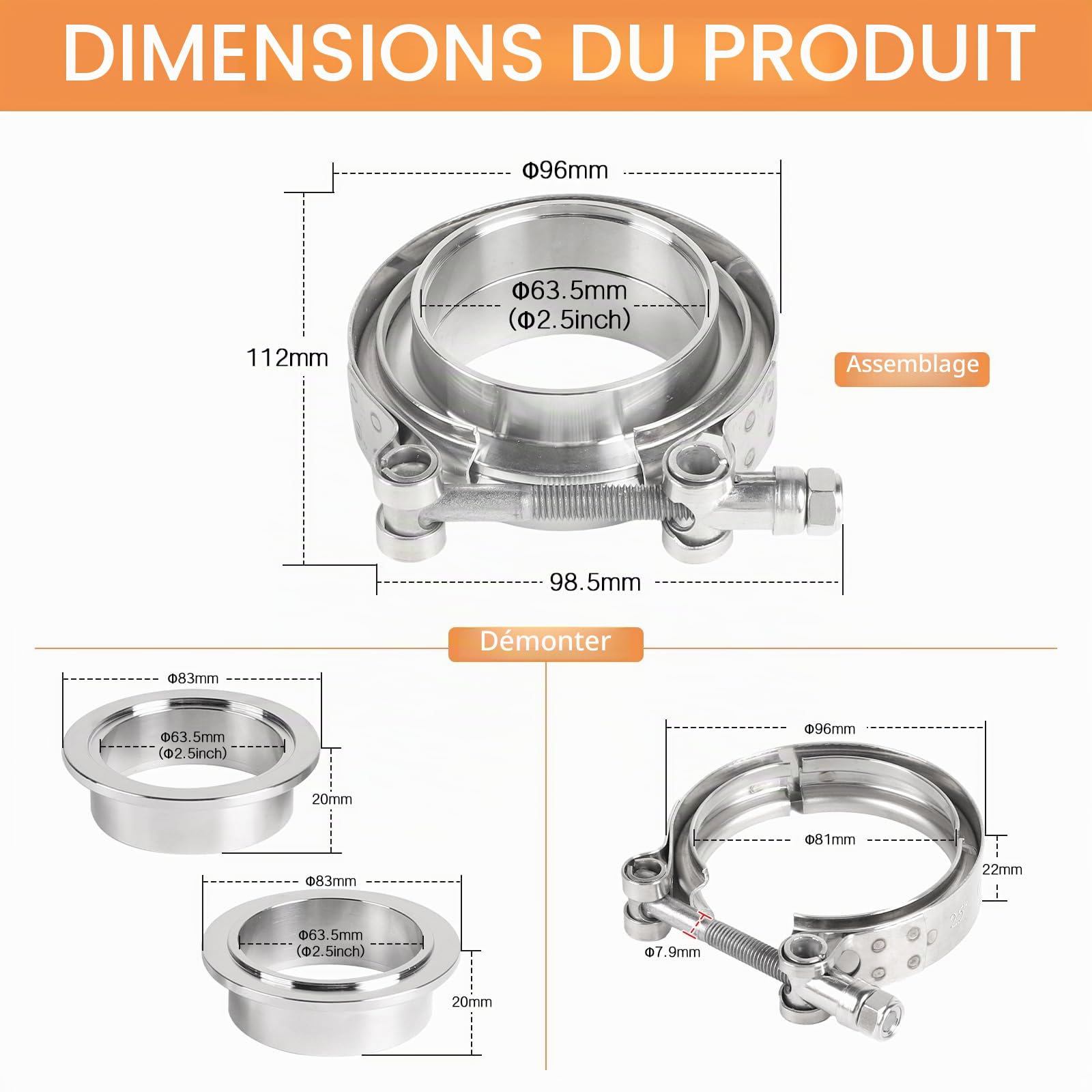 Collier V-Band + Flasques Ø 63,5 mm (2,5'') Kit complet en Acier Inoxydable 304 Collier de fixation rapide pour échappement et turbo avec anneaux centrage et collier pour tuyau turbo (Argenté)