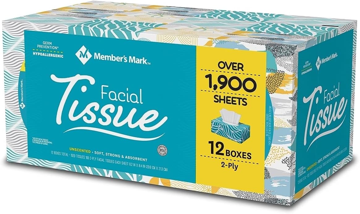 Member's Mark 2-Ply Unscented Facial Tissue (12 Count,160 tissues per box)