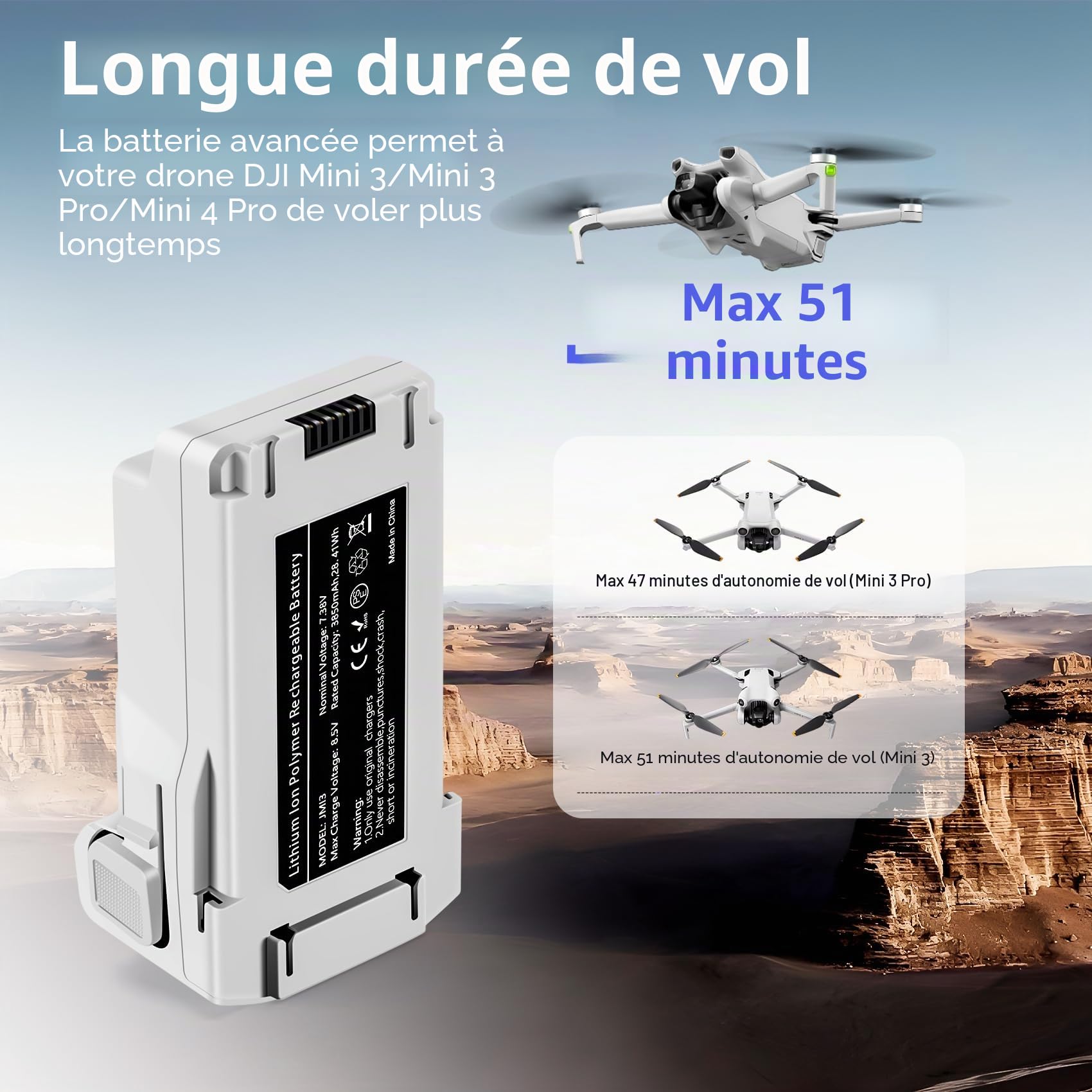 DJI Mini 4 Pro Batterie de Vol Intelligente 3850mAh 51 Min Compatible Mini 3 Pro Mini 3