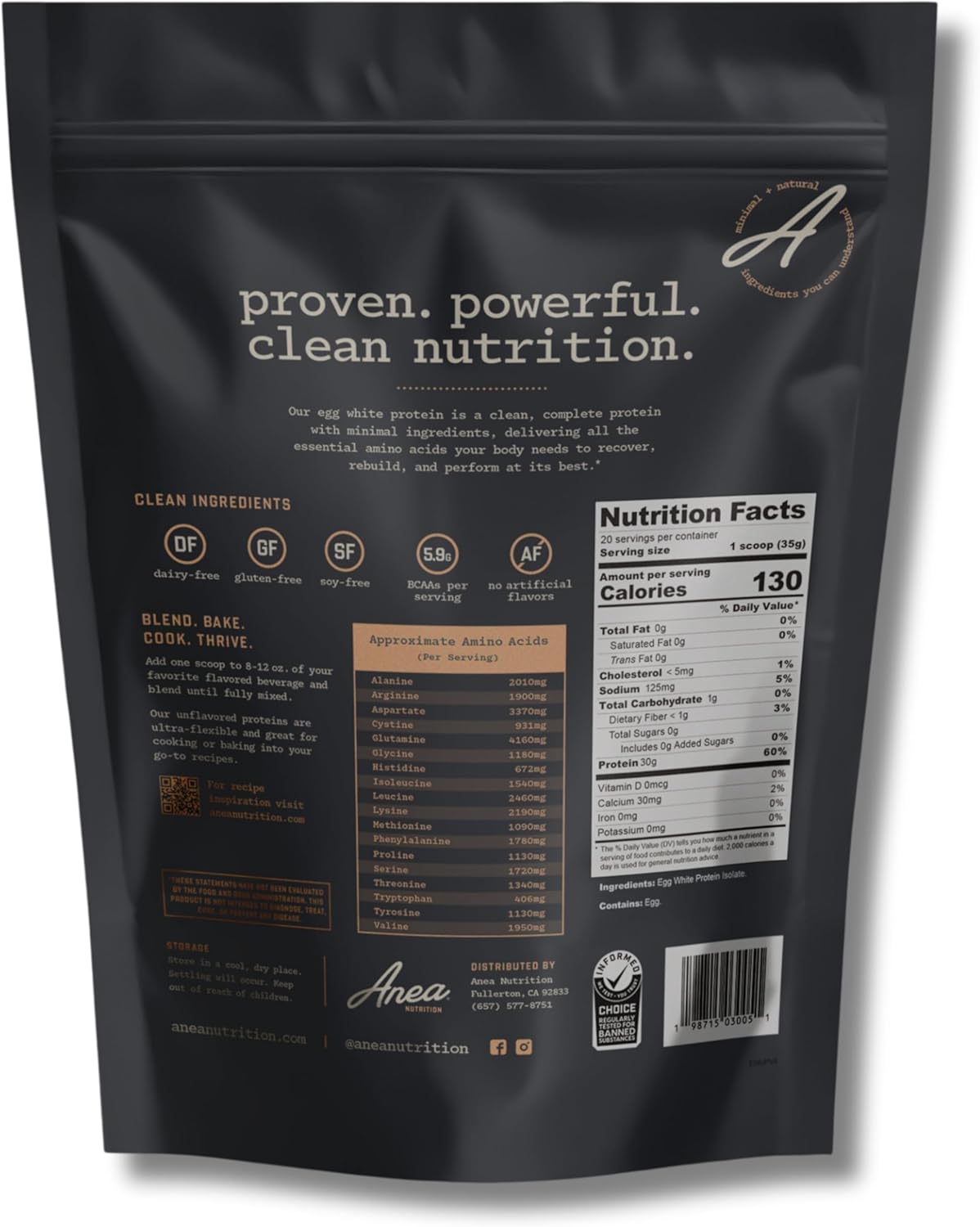 Anea Egg White Protein Isolate - Unflavored | 30g Protein | Fat-Free | 5.9g BCAA | Complete Amino Acid Profile | Dairy-Free, Gluten-Free | Neutral Flavor for Shakes & Recipes | Made in GMP Facility