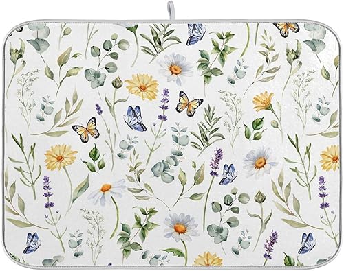 Vista 231 de Tapete de secado de platos de mariposas botánicas para encimera de cocina, almohadilla de secado de microfibra absorbente, grande, 18 x 24 pulgadas