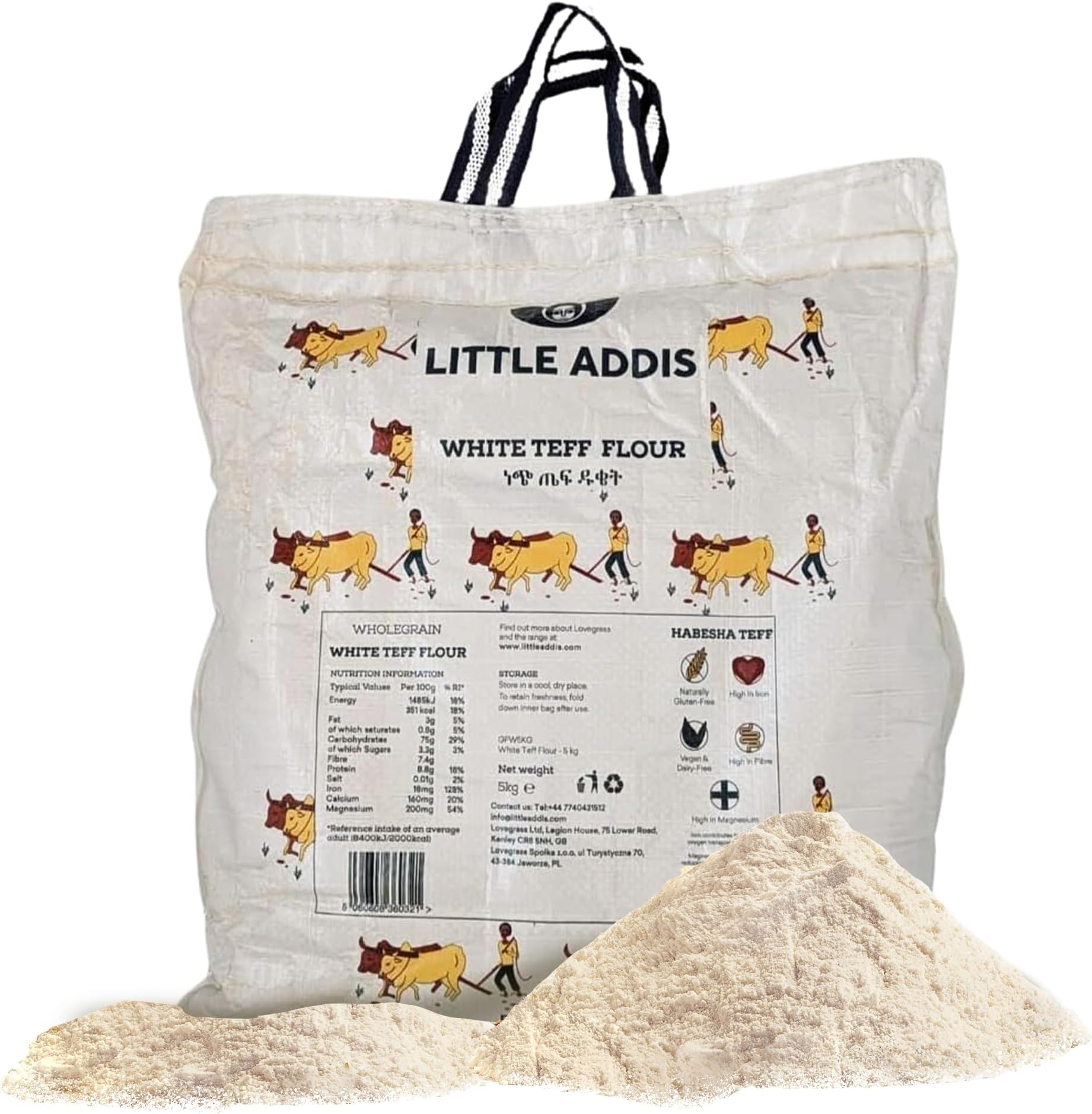 Lovegrass Ethiopia Little Addis Habesha White Teff Flour 5kg | Gluten Free | Vegan, High Protein, Vitamins & Minerals | Great for Baking Including the Traditional Injera Flatbread
