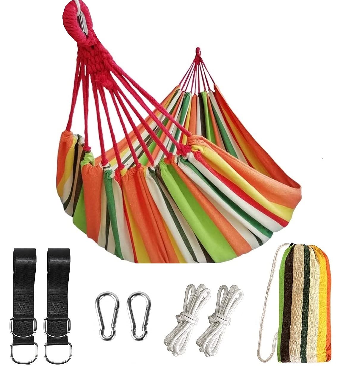 Double Brazilian Hammock 2 Person Canvas Cotton Fabric Hammock with Trees Strap for Patio Garden Balcony Porch Backyard Outdoor and Indoor