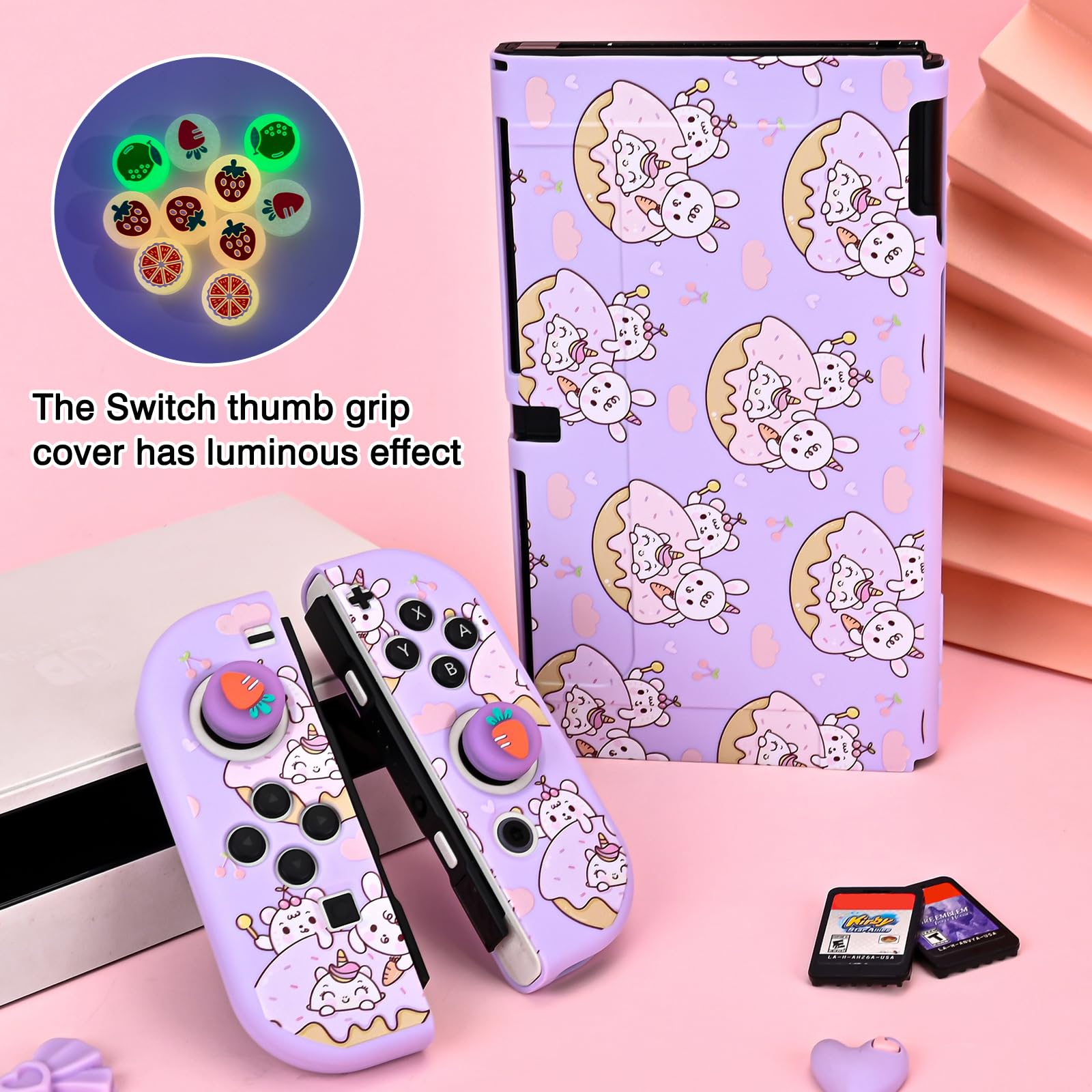 DLseego Custodia protettiva per Switch OLED, adorabile Cover Switch OLED in morbido silicone agganciabile con 2 Joycon cover e 2 Copri levette analogiche luminose,Viola