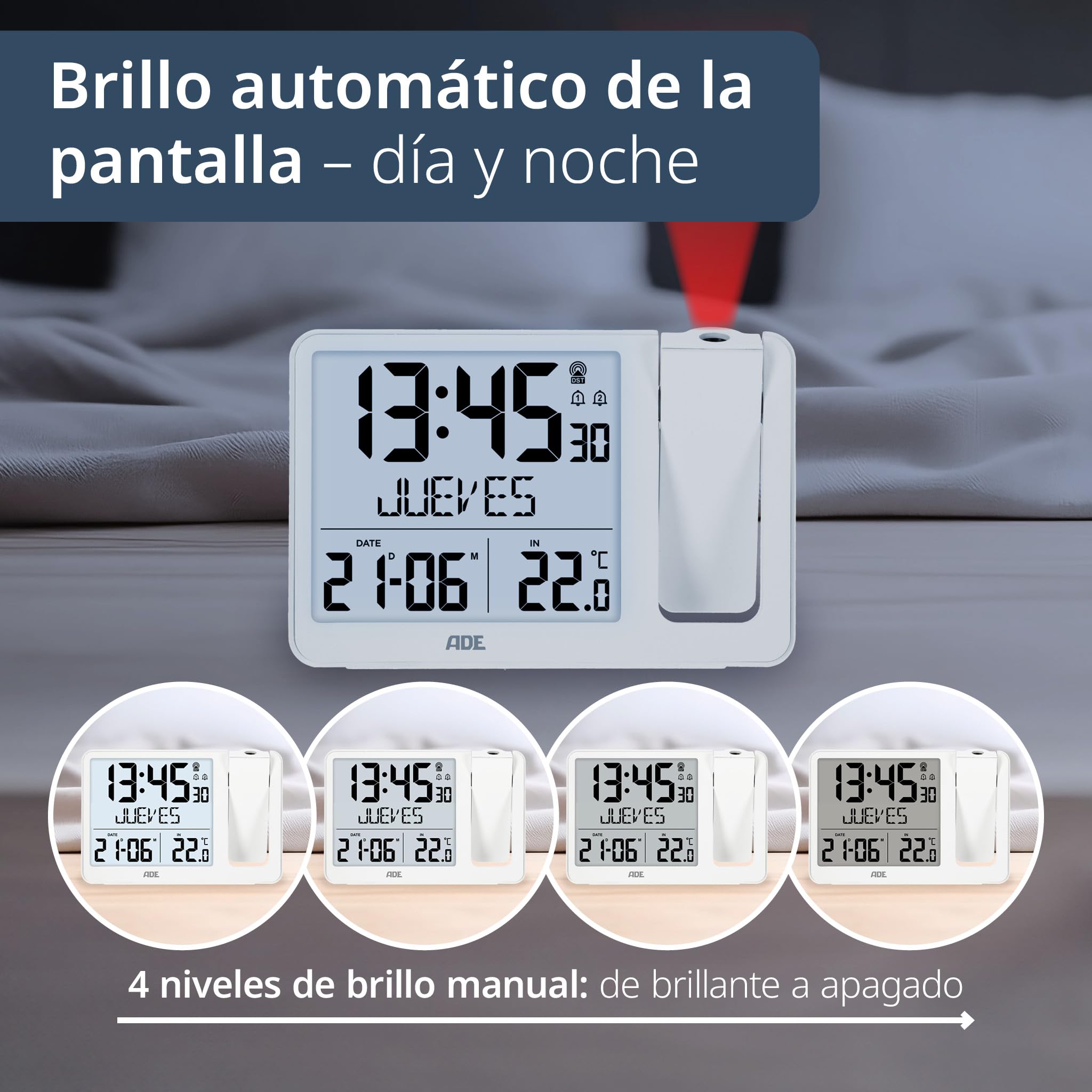 ADE Despertador Digital radiocontrolado con proyección y Sensor Exterior | 2 Horas de Despertador | Reloj con indicación de Temperatura, Fecha y día de la Semana | Incl. Cable de Red | Blanco