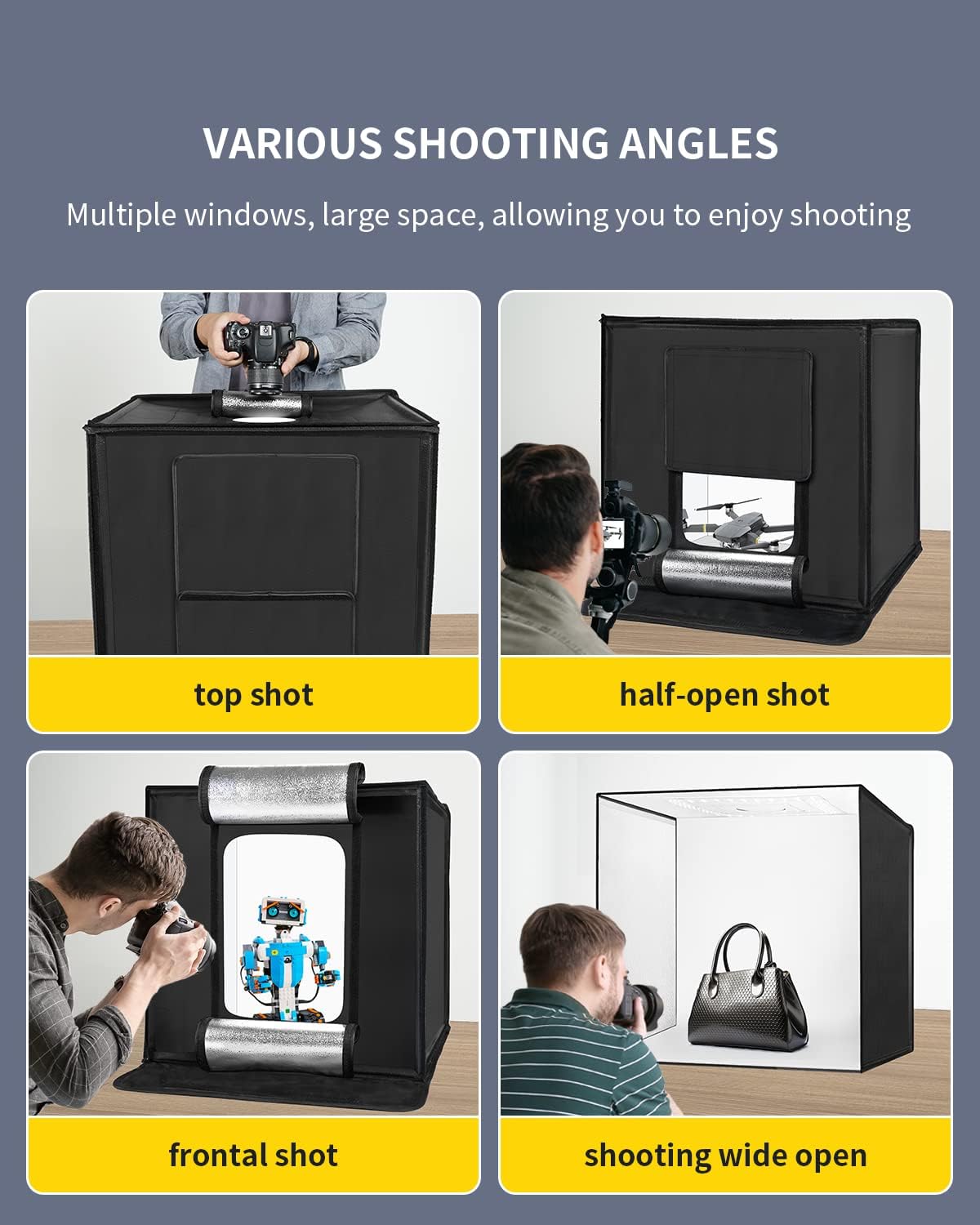 Four images demonstrating various shooting angles with the light box: top shot, half-open shot, frontal shot, and shooting wide open.