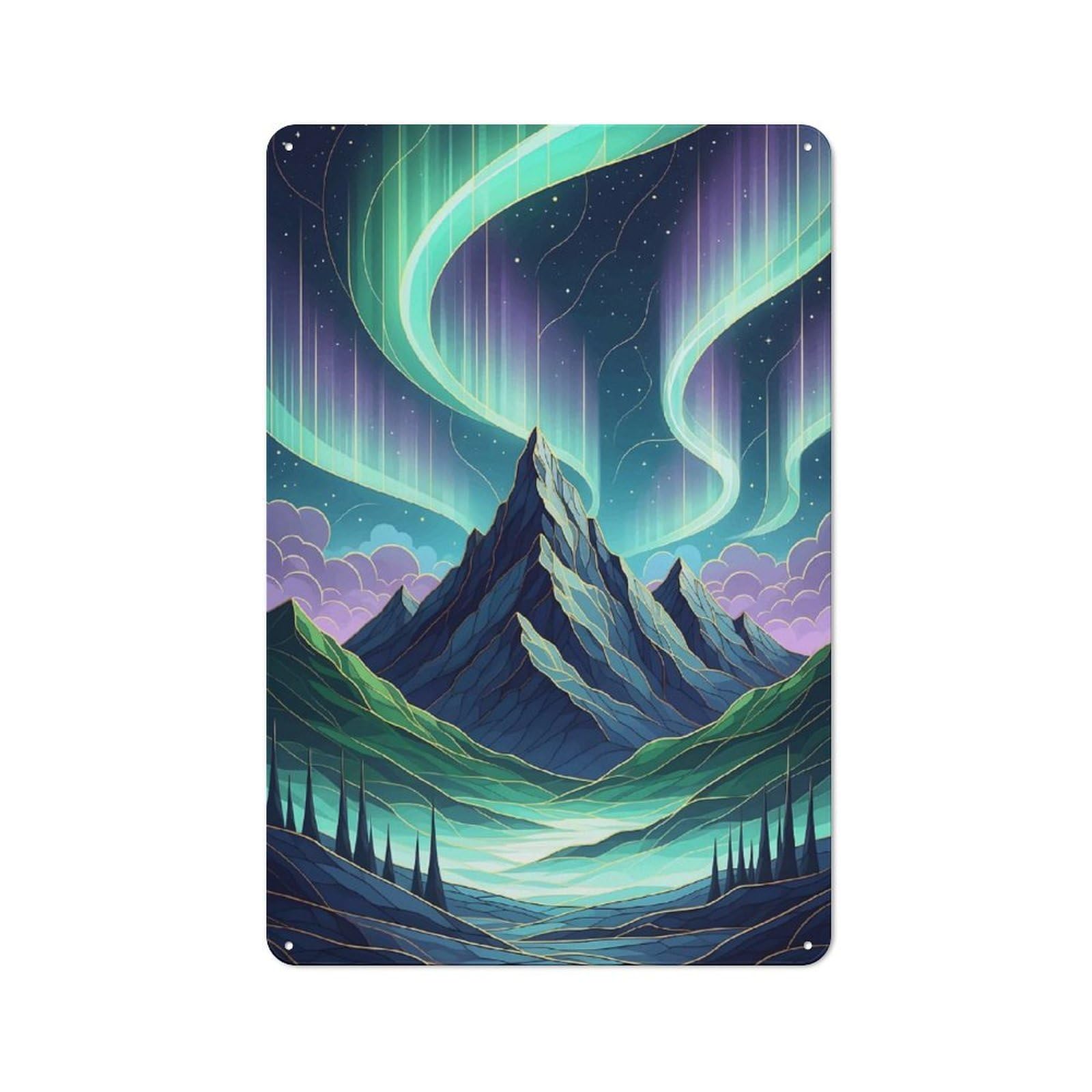 Junmoney Style-6 Vintage Tin Sign 30X20cm With Aurora Borealis Over Mountain Landscape For Bar Or Restaurant, Suited To Bar Decor Enthusiasts