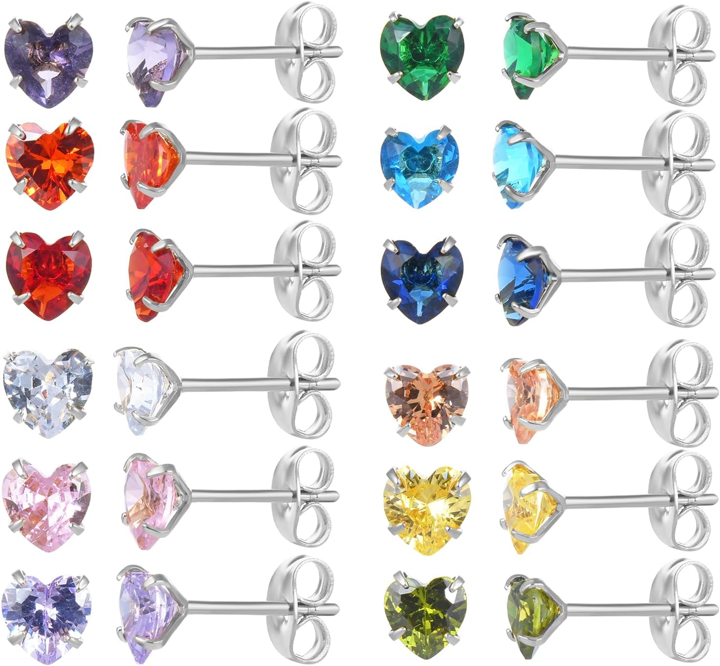 12 Pairs Surgical Stainless Steel Birthstone Cubic Zirconia Stud Earrings Round Star Heart Square Princess Cut CZ Stud Earrings Set