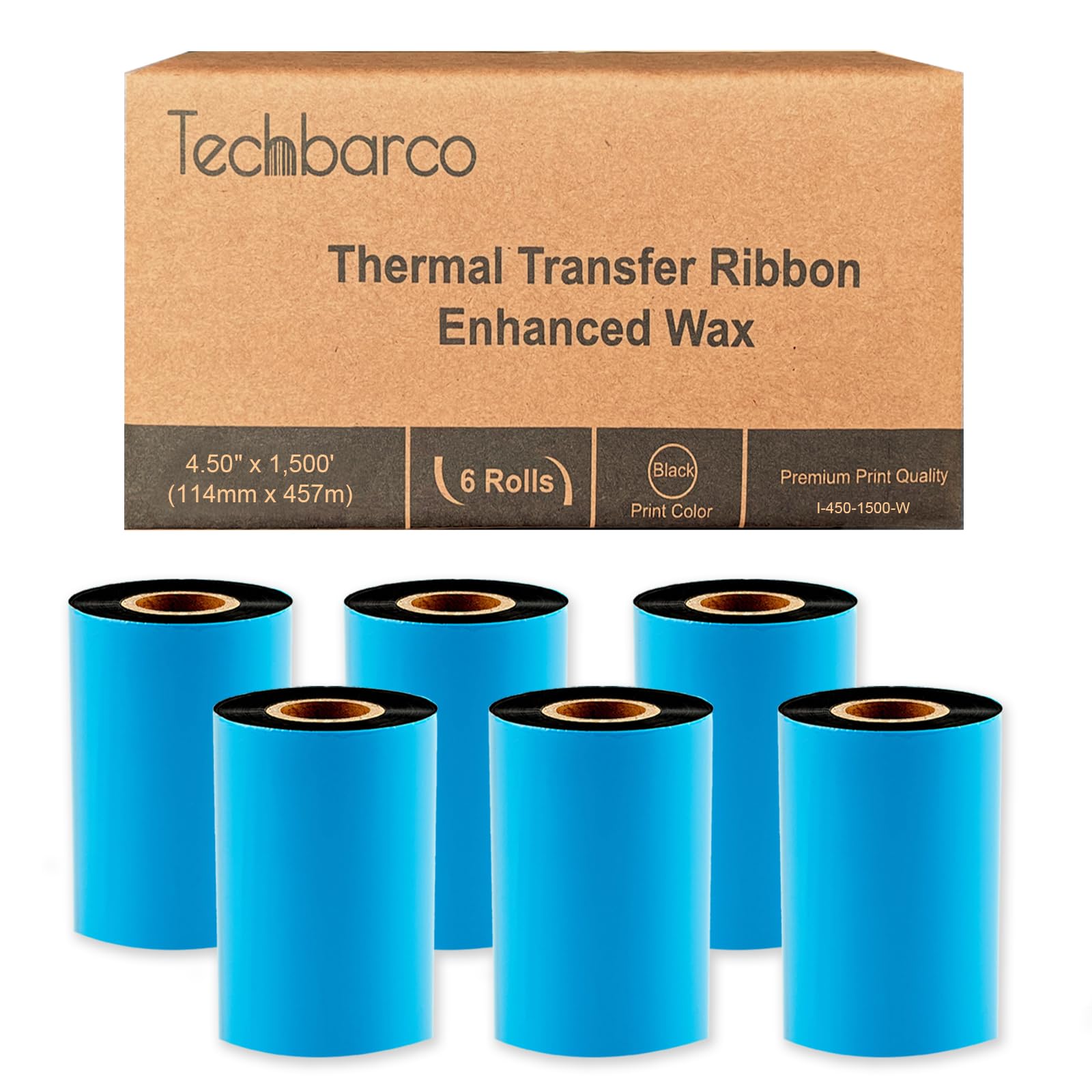 6 Rolls 4.50" x 1500' (114mm x 457m) Enhanced Wax Thermal Transfer Ribbon, Core 1", Black, CSO (Coated Side Out), Barcode Ribbon Compatible with Intermec Printers