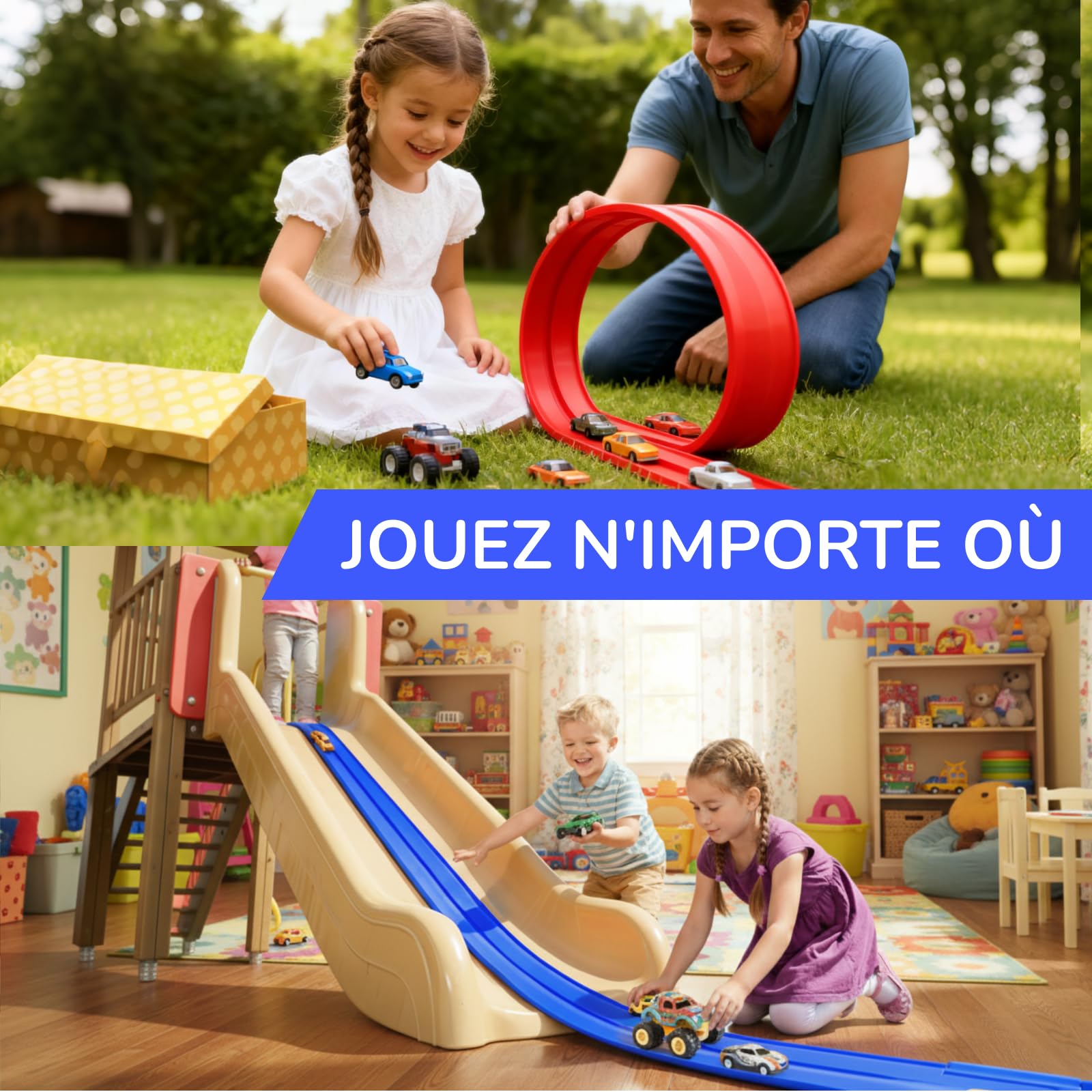 Circuit Voiture Enfant Roulable 4M Piste Flexible avec 4 Voitures + Sac de Rangement, Jouet de Piste de Course Portable pour sauts Boucles pour Voiture 1/64ème Dès 3 Ans, Bleu