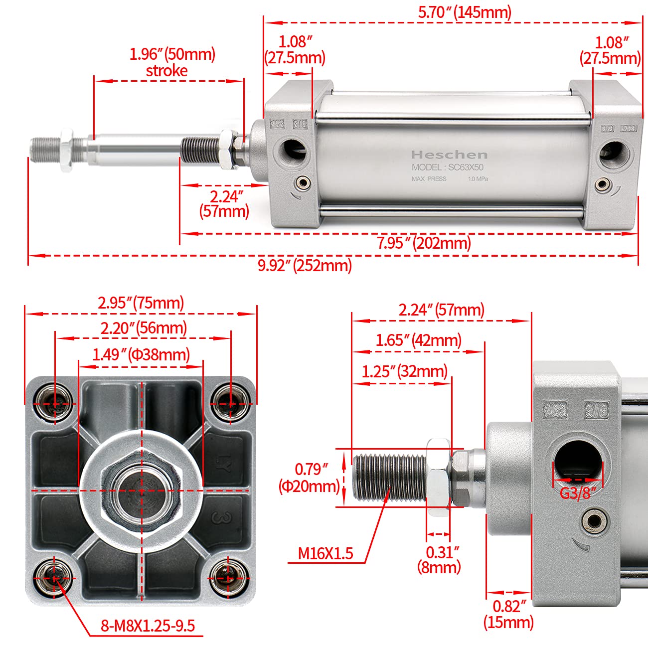 Heschen Vérin pneumatique Standard, SC 63-50, PT3/8'' Port, Alésage 63mm, Course 50mm, Double Effet
