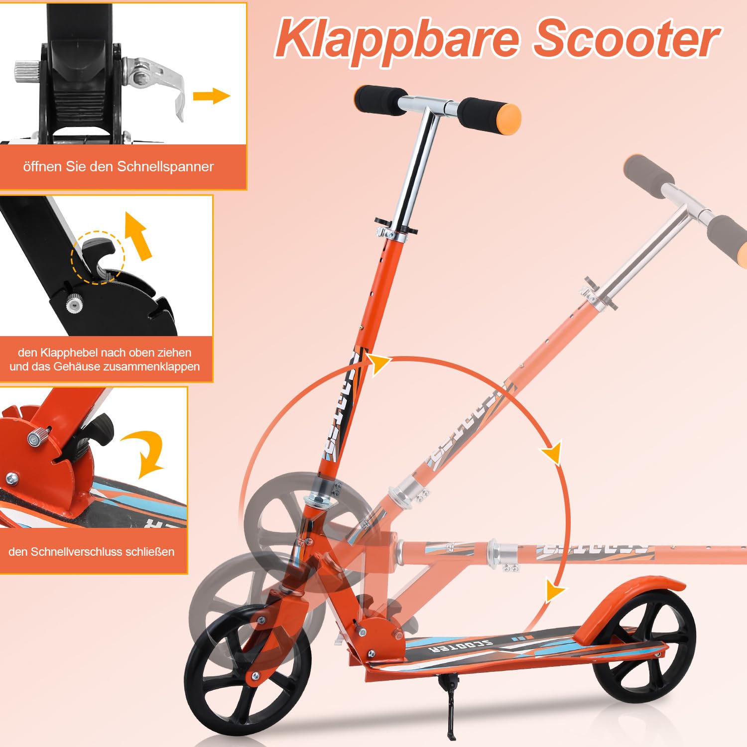 Klappbarer Kinder-Roller – mit Höhenverstellbarem Lenker (90–105 cm) und Rutschfesten Reifen; Stadtroller für Kinder ab 7 Jahren, Tragkraft 100 kg