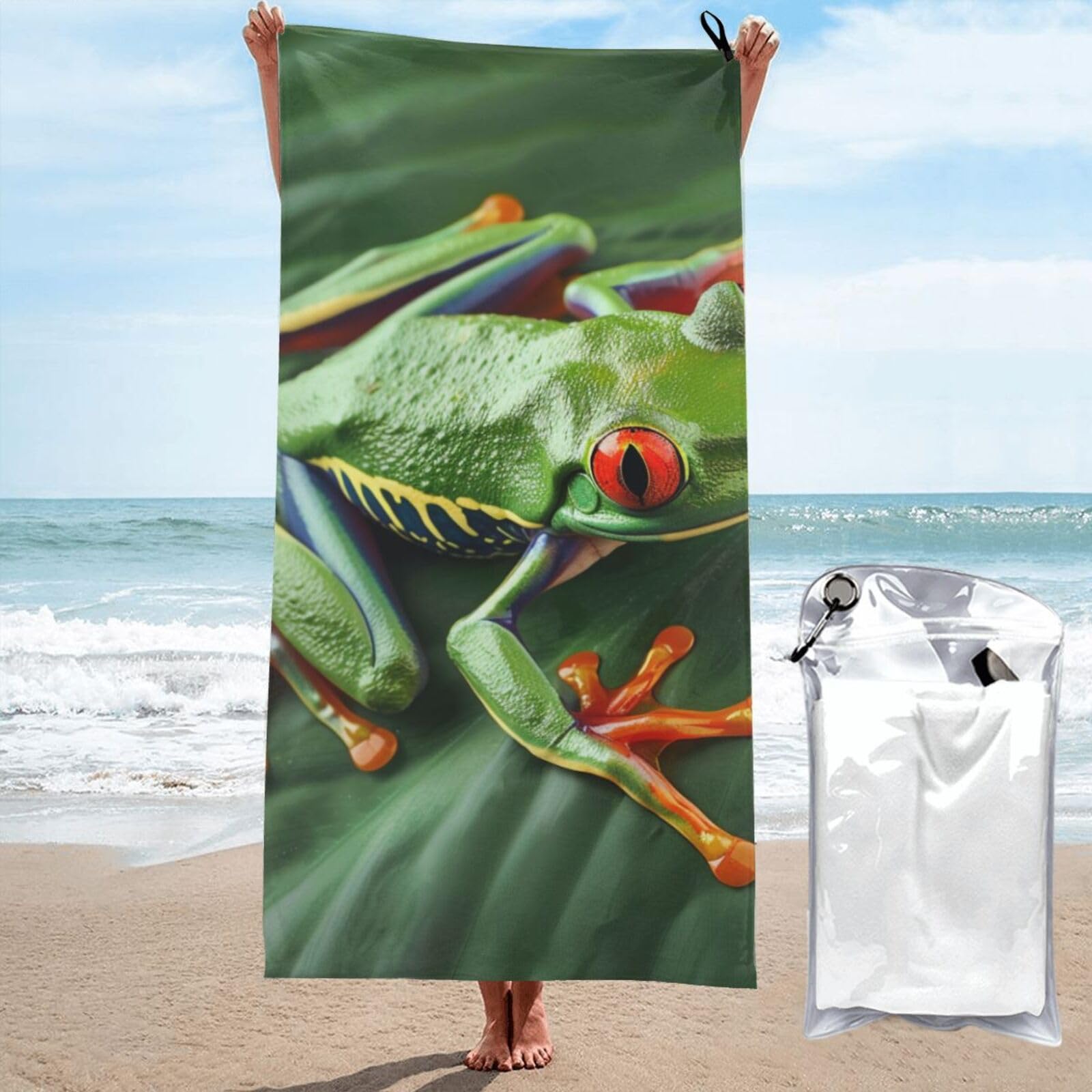 kkvhhyuo Microfiber Beach Towel, Animal Frog Leaves Printed Lightweight Quick Dry Travel Bath Sheet with Compact Carry Bag for Swimming Yoga Camping Gym,31.5"x63"