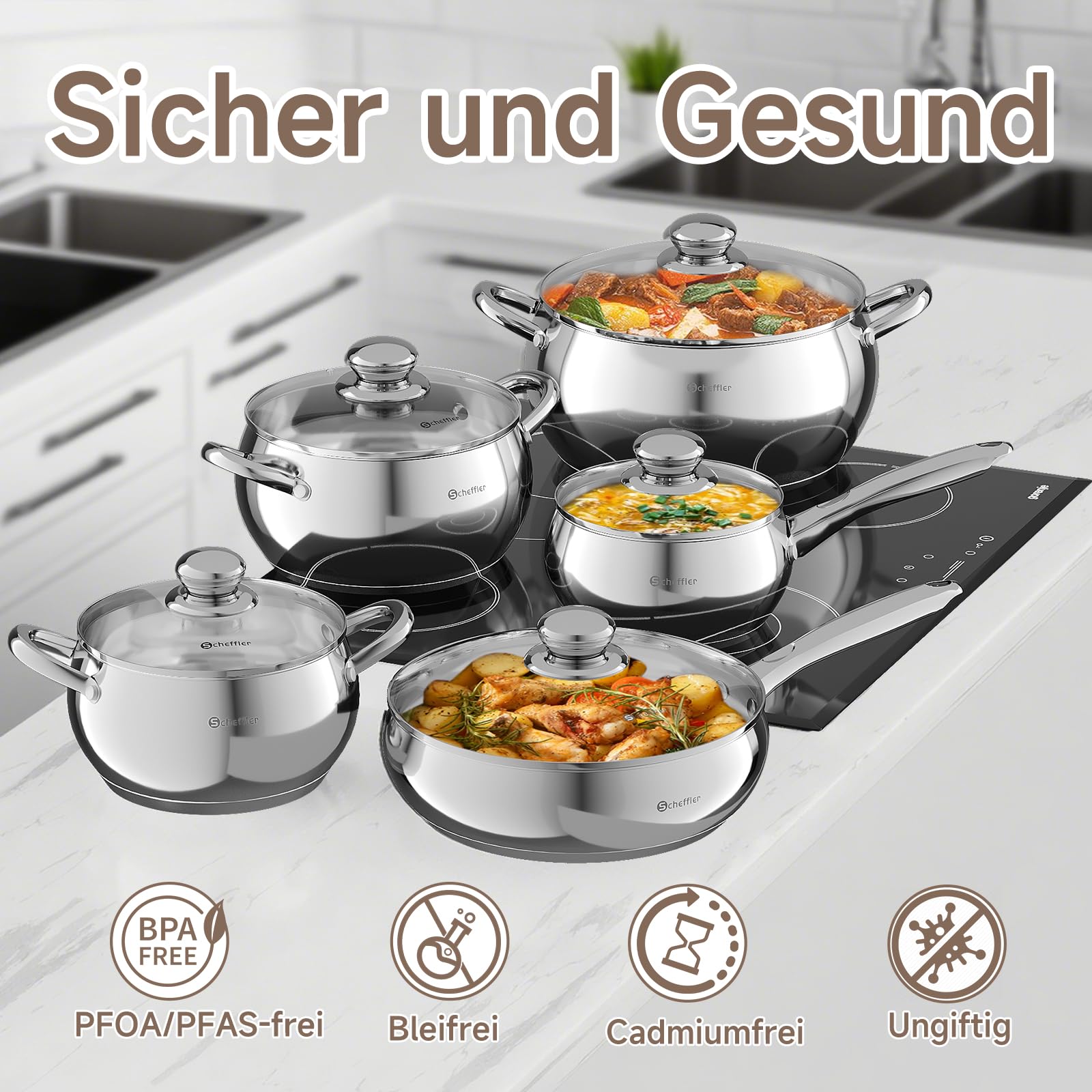 Scheffler Topfset Mit Deckel, 10tlg, Induktions, Für alle Herdarten | Edelstahl-Kochtopfset, 16/18/20/24/24 cm