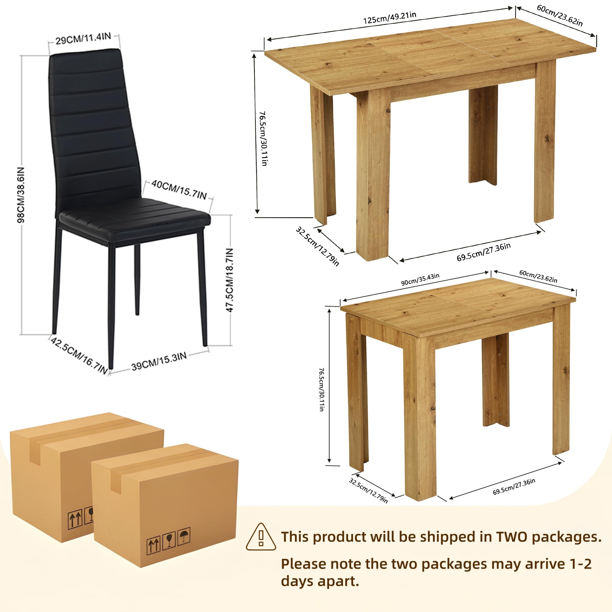 Ensemble Table à Manger Extensible 90-125 cm avec 4 Chaises, Ensemble Table et Chaises en Similicuir, Gain de Place, pour Petit Espace Cuisine Salle à Manger et Salon (Chêne + Noir)