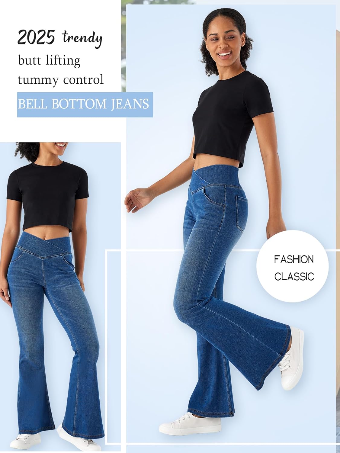 Bell Bottom Jeans for Women High Waisted Stretchy Flare Jeans Pull On Crossover Wide Leg Flared Pants with Pockets - Image 4