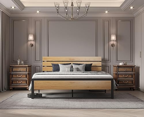 Miniatura 9 de BONSOIR Base de cama tamaño Queen con plataforma de acero estable con cabecero de madera/estribo, no necesita somier, fácil montaje, sin chirridos