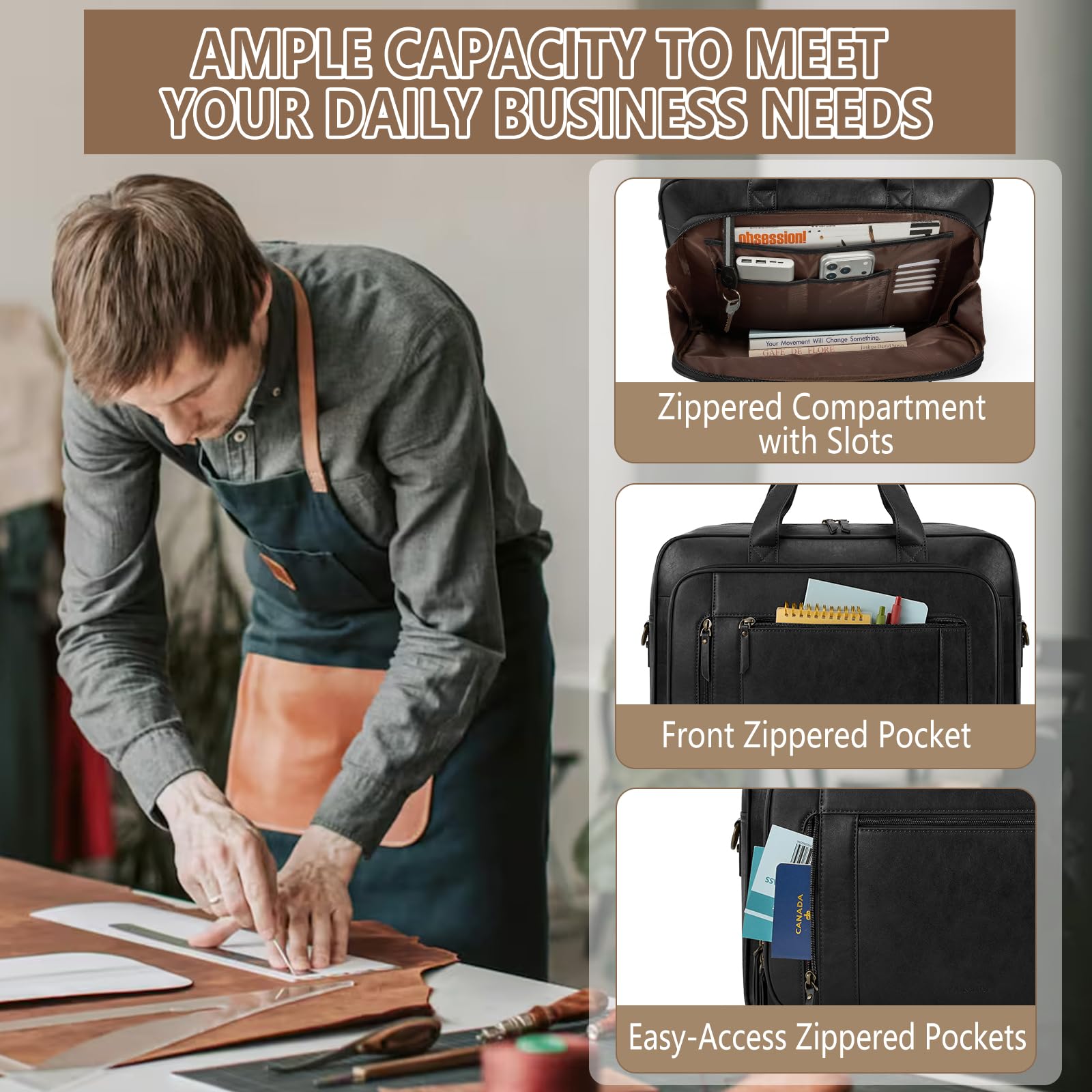 RAINSMORE Portafolios para Hombre, Maletin para Laptop 16 Pulgadas, PU Piel Maletín Grande para Trabajo, Oficina Universidad Vieja Escuela