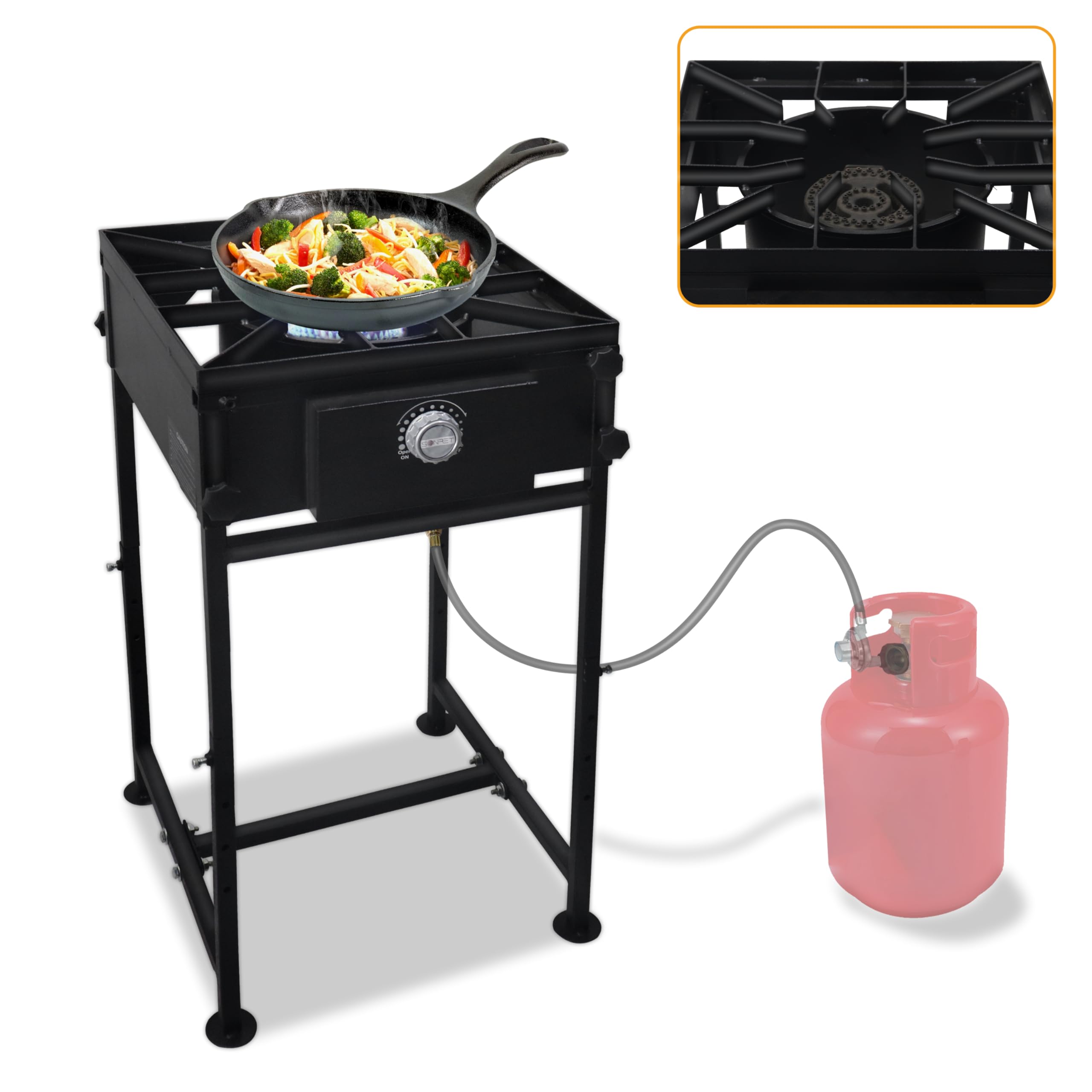 Single Propane Burner stove - 1,30,000 High btu Propane Burner Camping stove, Steel Single burner propane stove with CSA Approved 0-20 PSI regulator & hose for brewing, boiling & making maple syrup