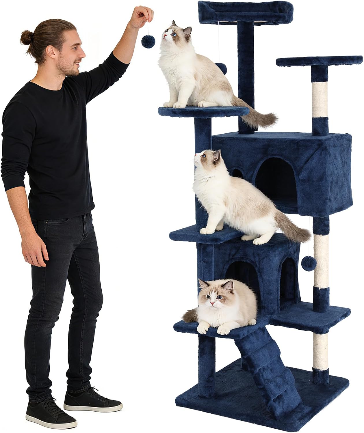 BLKMTY Cat Tree 70" Tall Cats Tower Large Cat Condo Climber Cats Climbing Stand with Top Perches Playhouse and Climbing Ladder Kitty Activity Tree w/Scratching Post Toys, Navy Blue