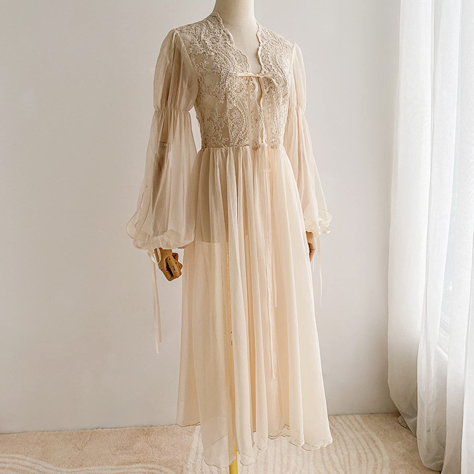 OFFSUM Camisón De Pijama De Mujer - Elegante Primavera Verano Dulce Ropa De Dormir Princesa Novia Boda Bata Encaje Translúcido Dama De Honor Albornoz Loungewear,Albaricoque,M